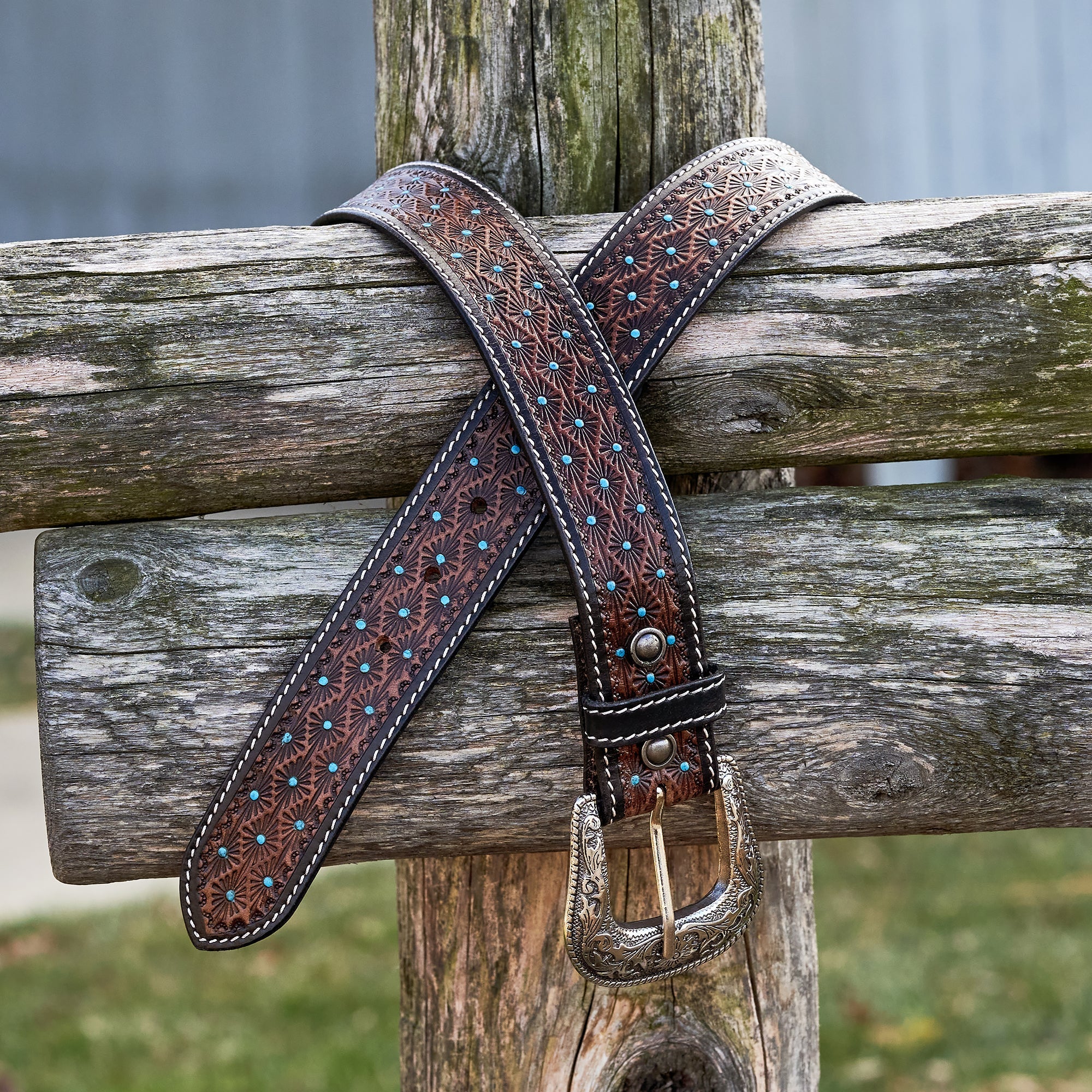 STATEMENT PIECE TOOLED PAINTED LEATHER BELT popular W/ TURQUOISE MOSAIC GLASS BUCKLE