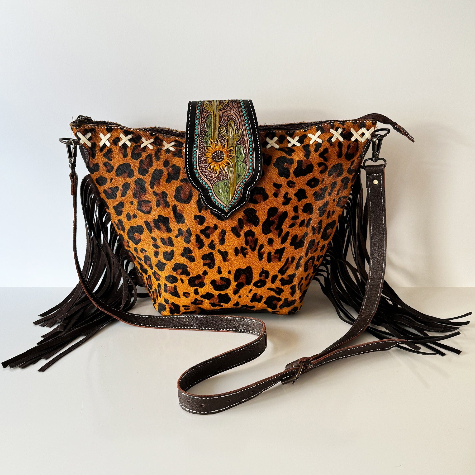 Leopard Print Sling Bag with Fringe Large Fringe Crossbody - Caramel Leopard Print Cowhide  main image 2