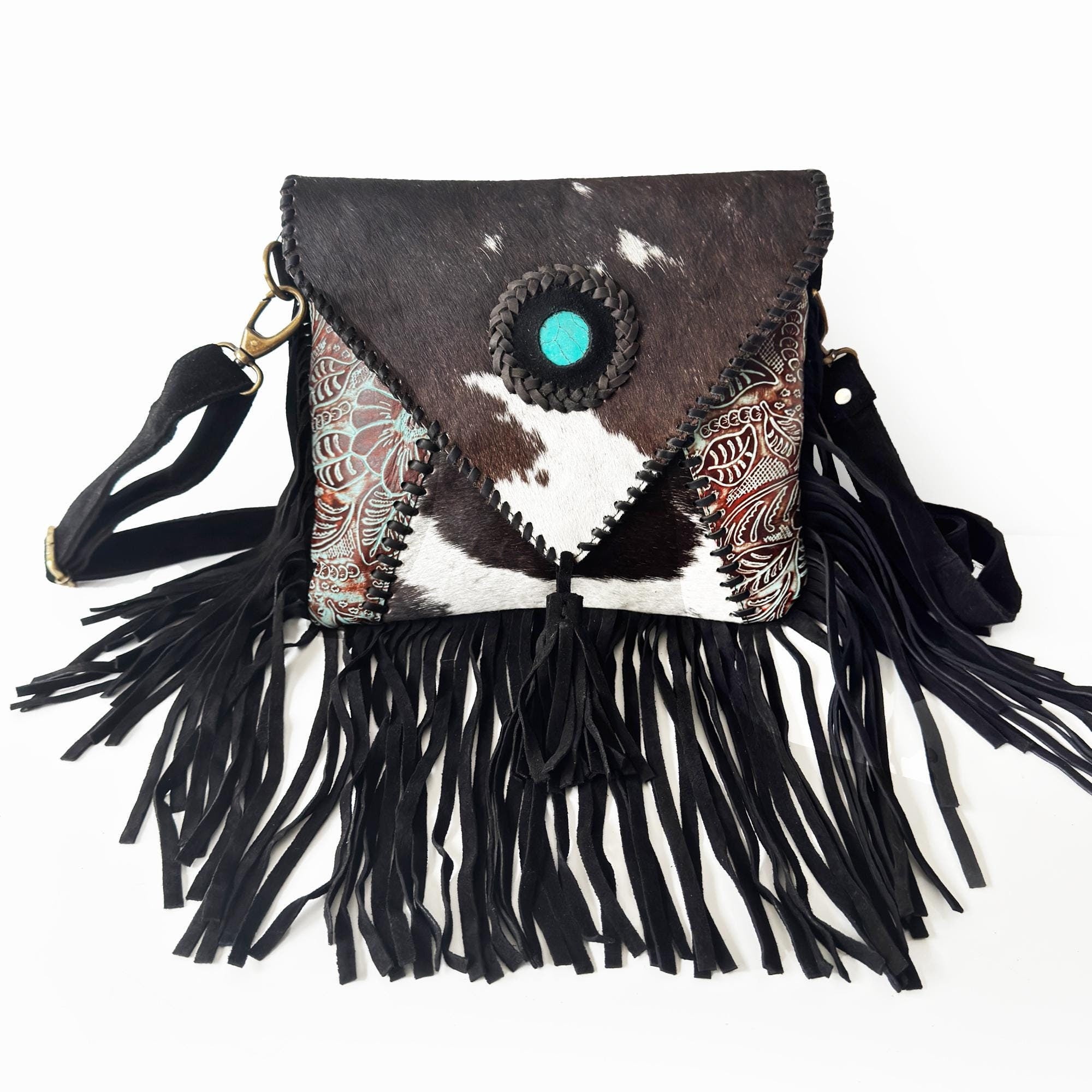 Handcrafted Leather and Cowhide Crossbody Bag with Fringe 