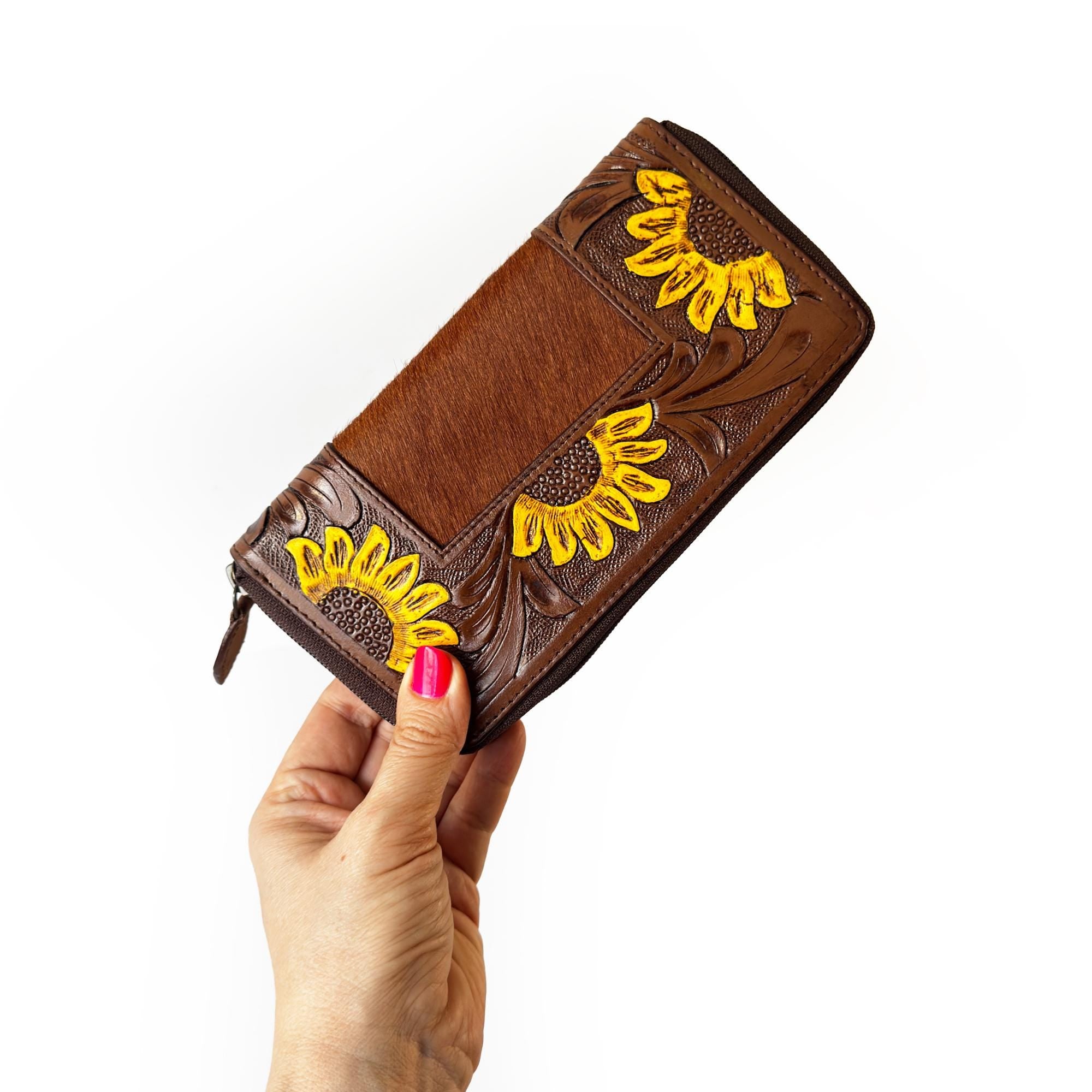 Sunflower Leather Wallet with Cowhide Accents Zip Tassel | Travelteli