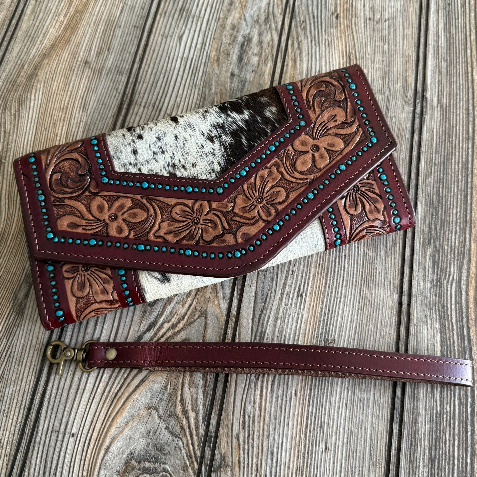 Hand Tooled Leather Clutch Wallet With Turquoise Accent
