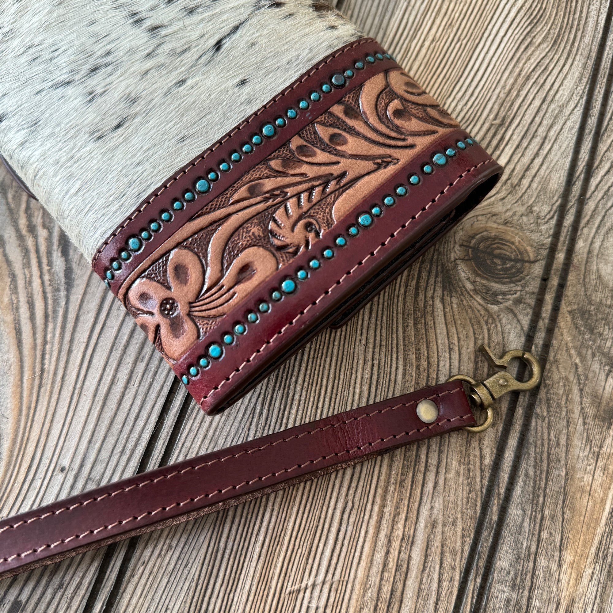 Hand Tooled Leather Clutch Wallet With Turquoise Accent