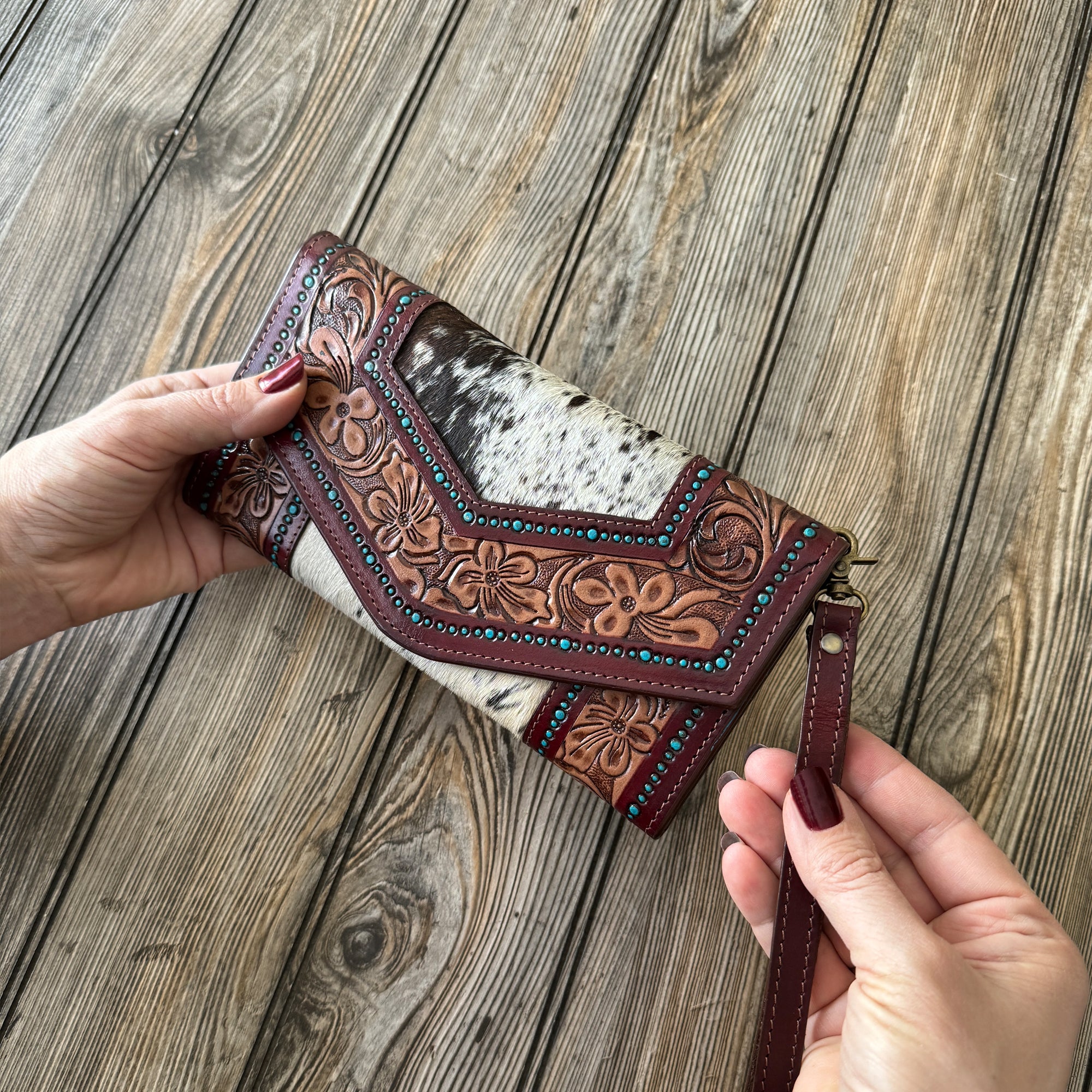 Hand Tooled Leather Clutch Wallet With Turquoise Accent