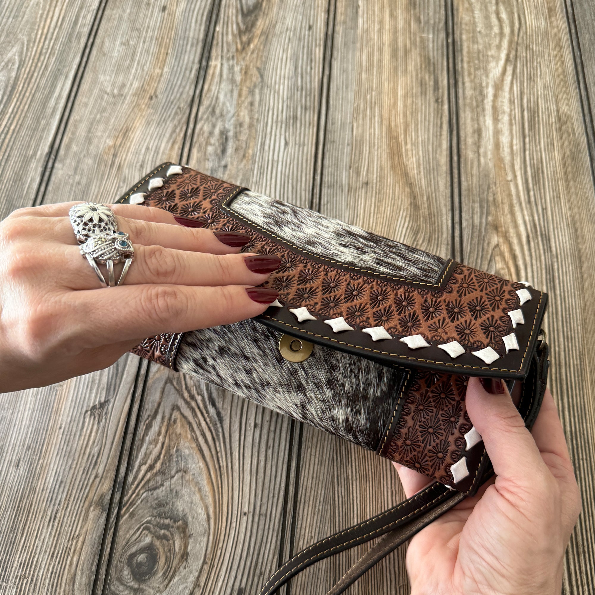 Bohemian Elegance Leather and Cowhide Clutch Wallet