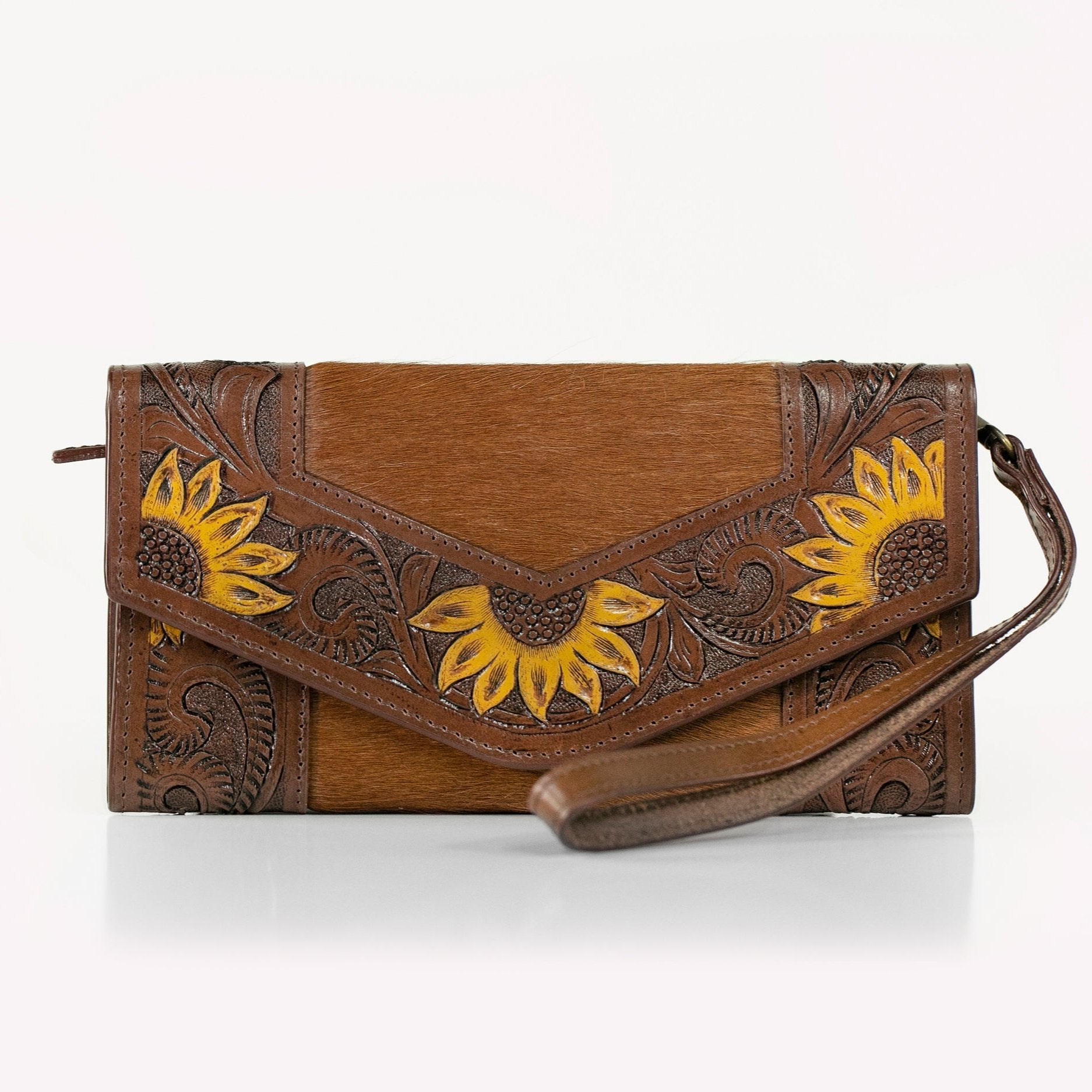 Sunflower Hand-Tooled Leather Clutch Wallet