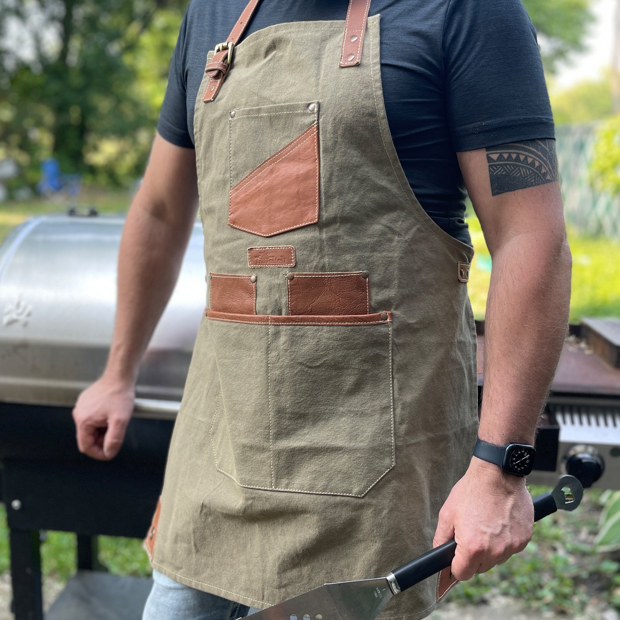 Upcycled Canvas Apron with Leather Trim