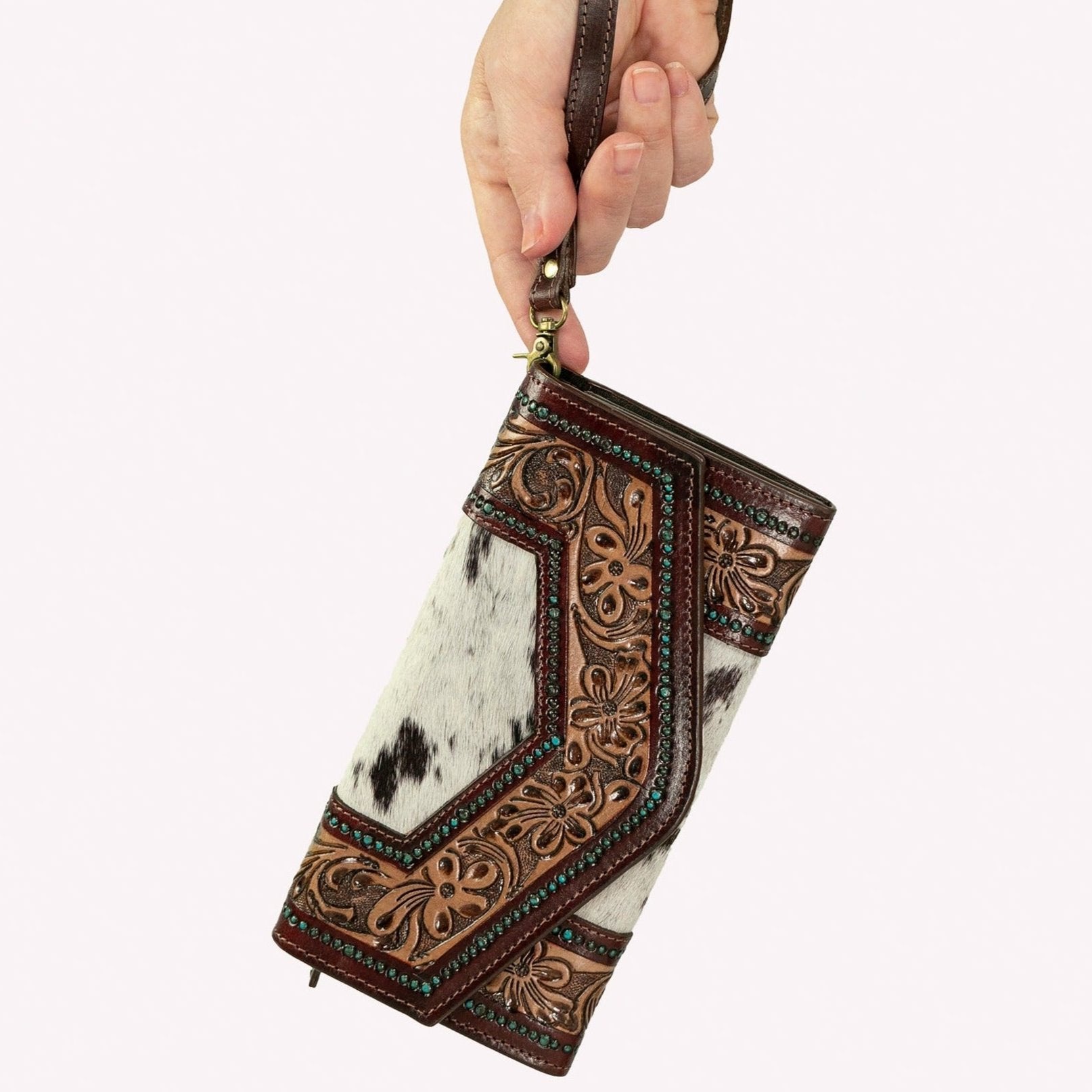 Hand Tooled Leather Clutch Wallet With Turquoise Accent