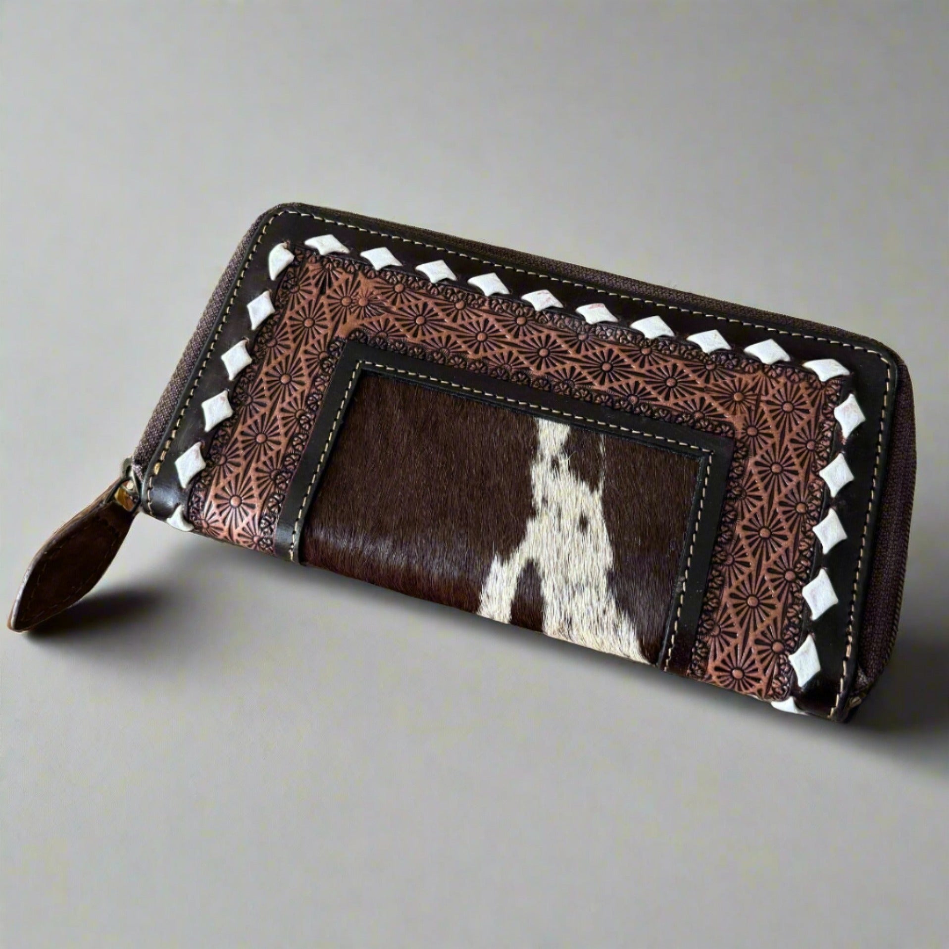 Boho Chic Cowhide Leather Zip Wallet Clutch
