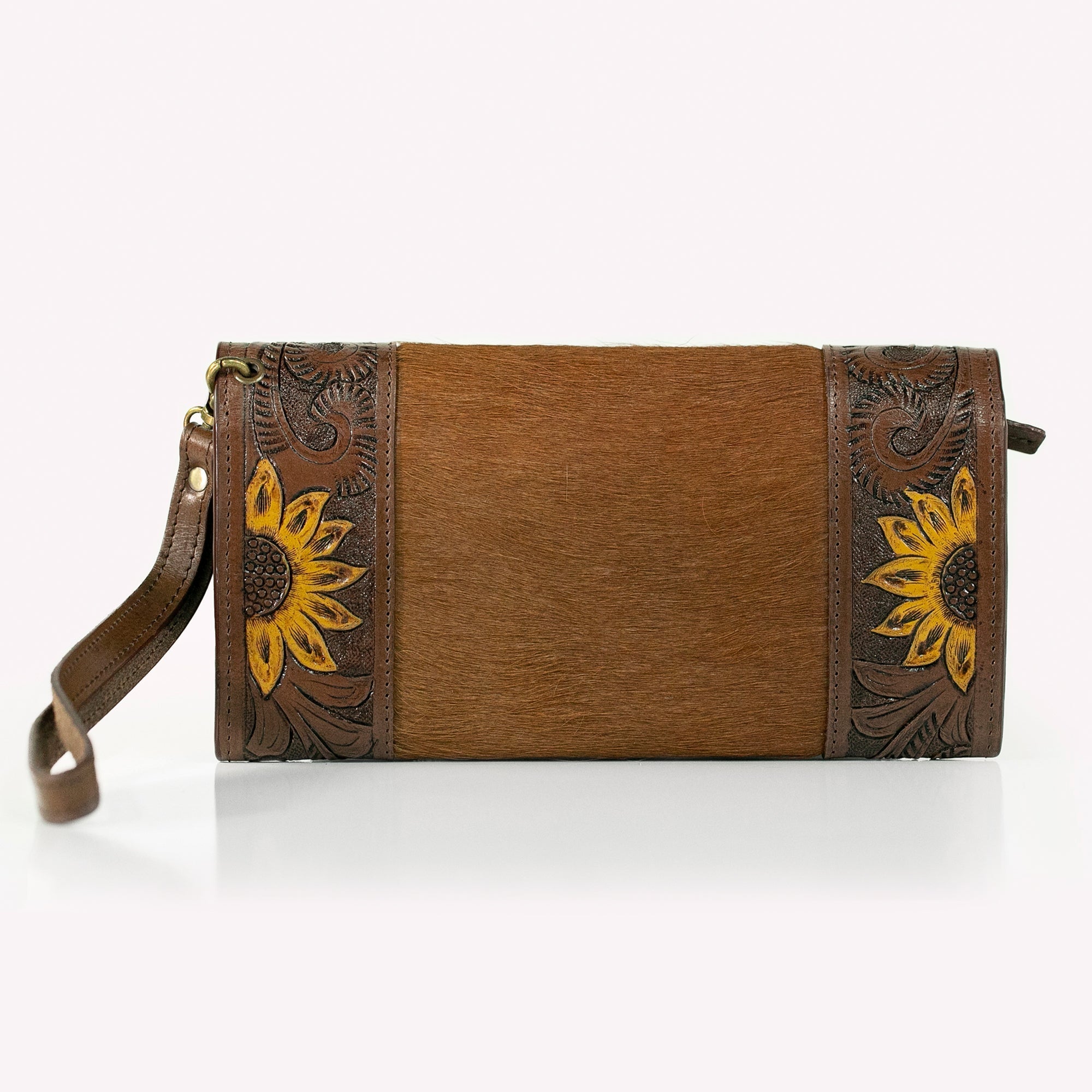 Sunflower Hand-Tooled Leather Clutch Wallet