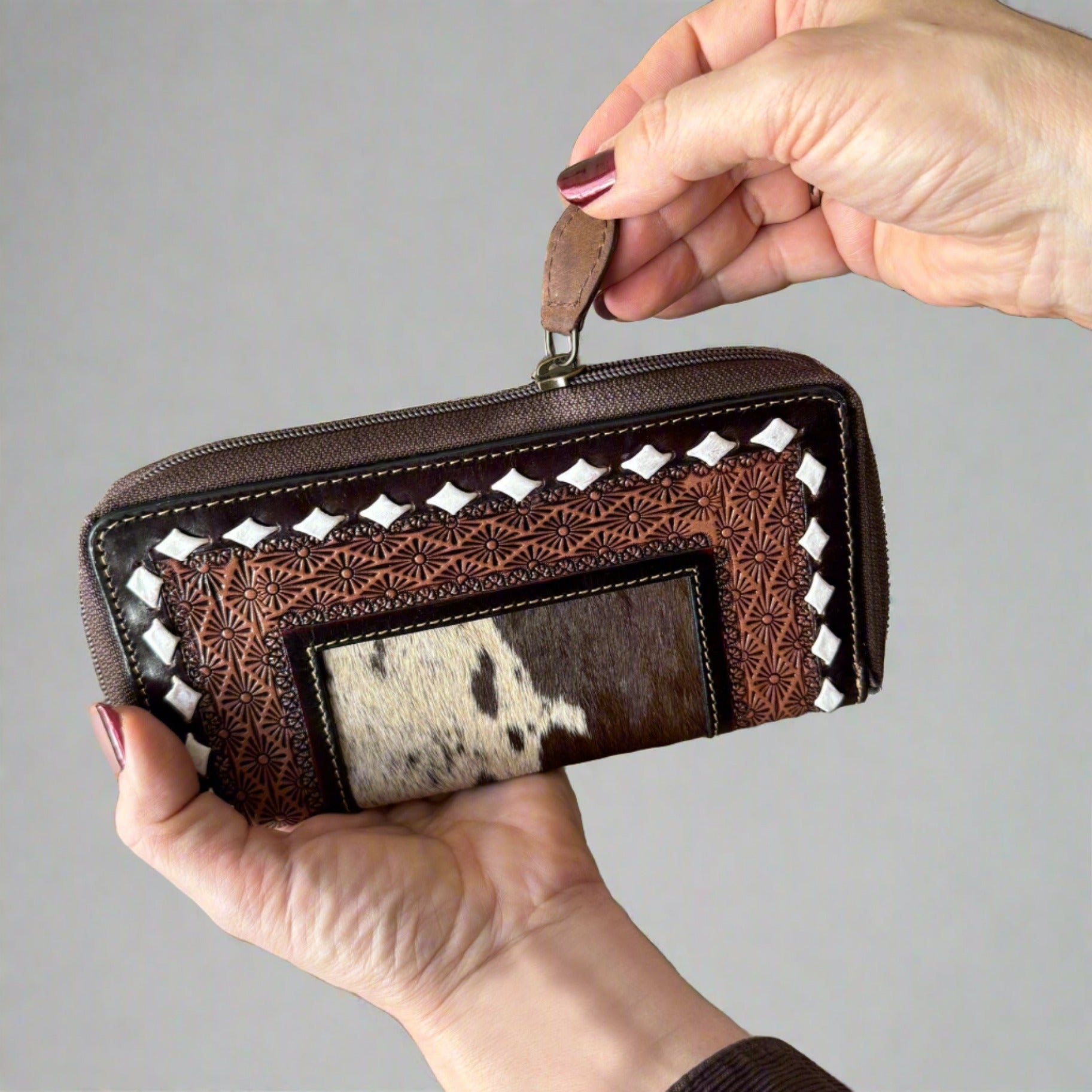 Boho Chic Cowhide Leather Zip Wallet Clutch