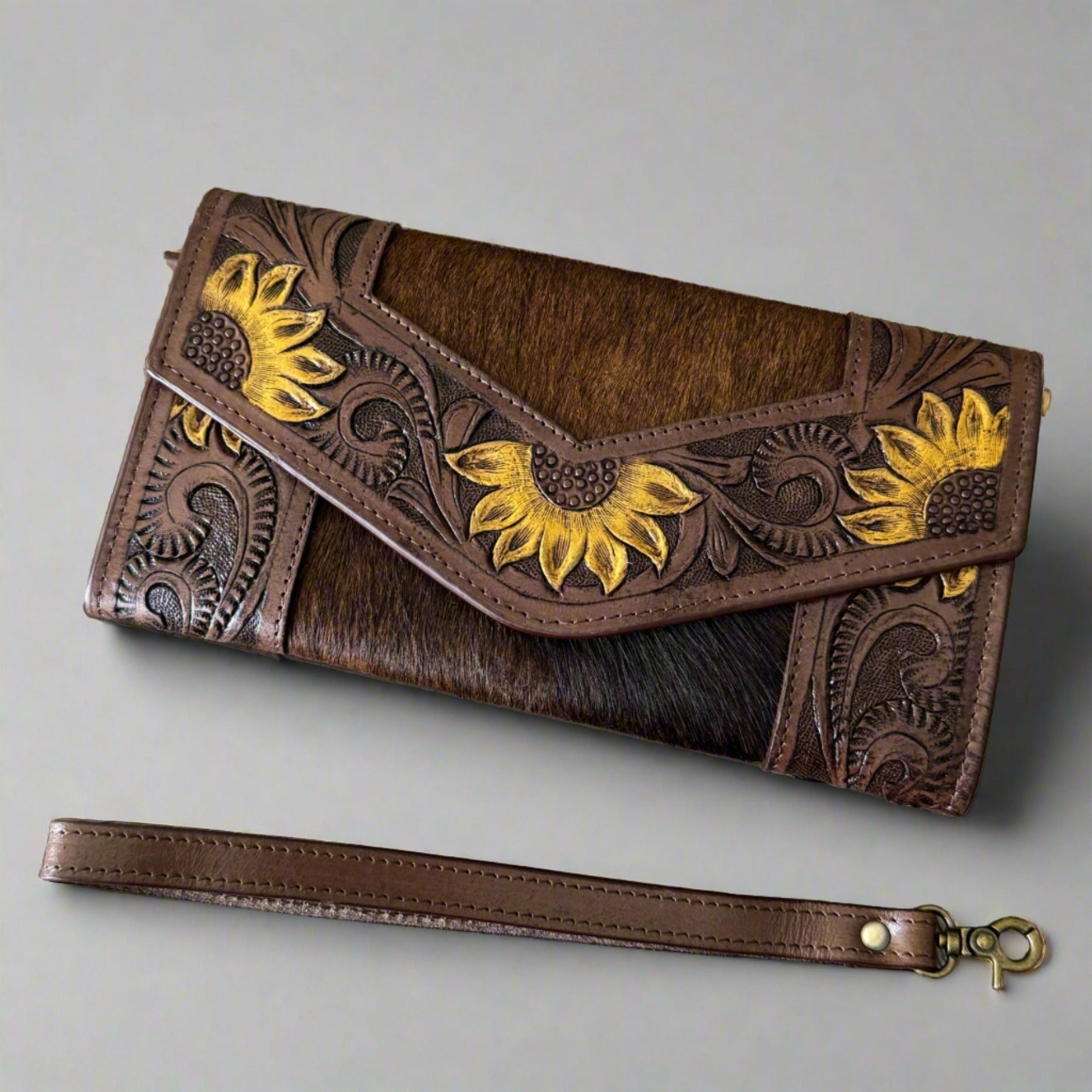 Sunflower Hand-Tooled Leather Clutch Wallet