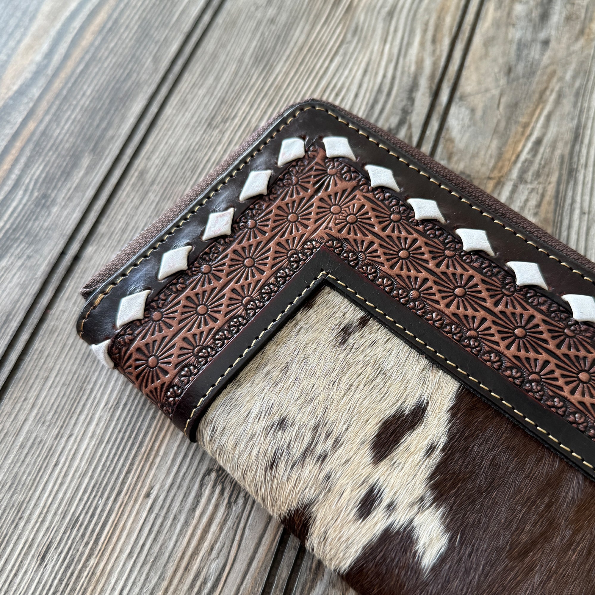 Boho Chic Cowhide Leather Zip Wallet Clutch