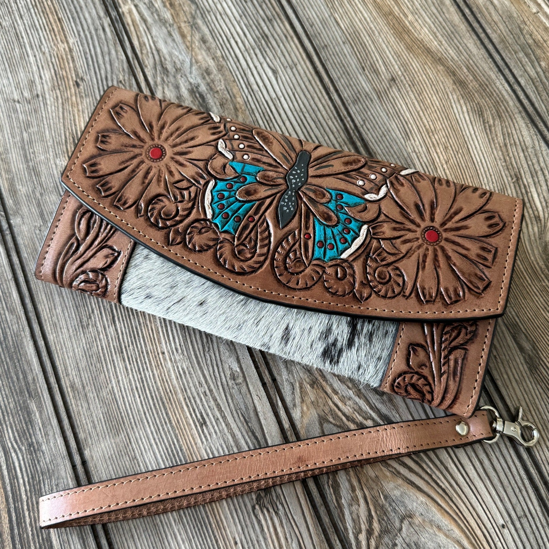 Butterfly Blossom Cowhide Clutch Wallet