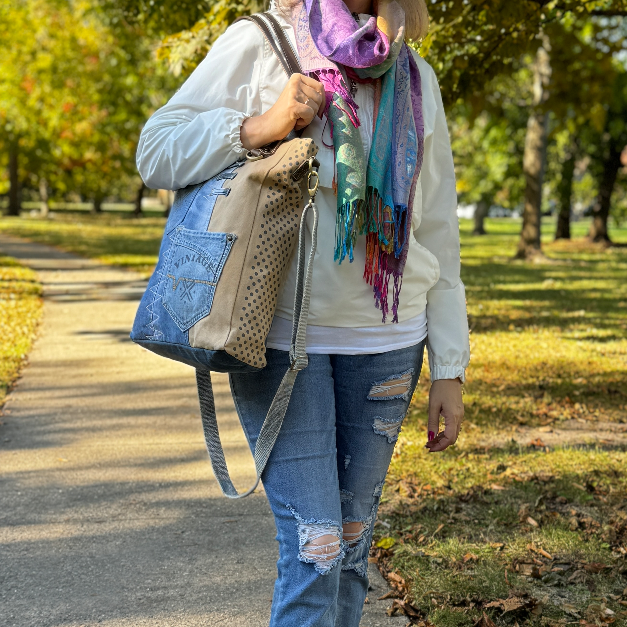 Upcycled Canvas Tote Messenger Shoulder Bag