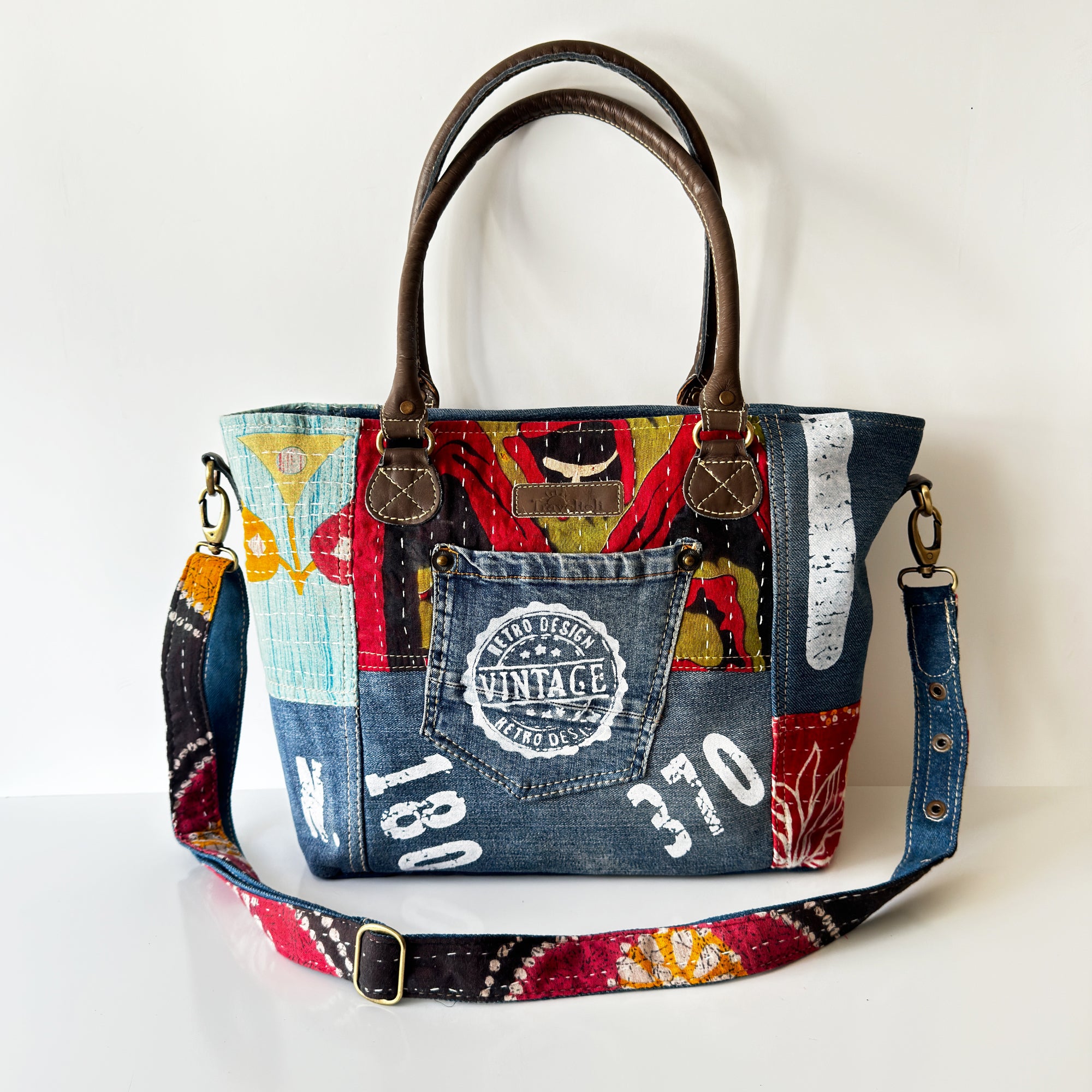 Retro Patchwork Denim Tote Bag