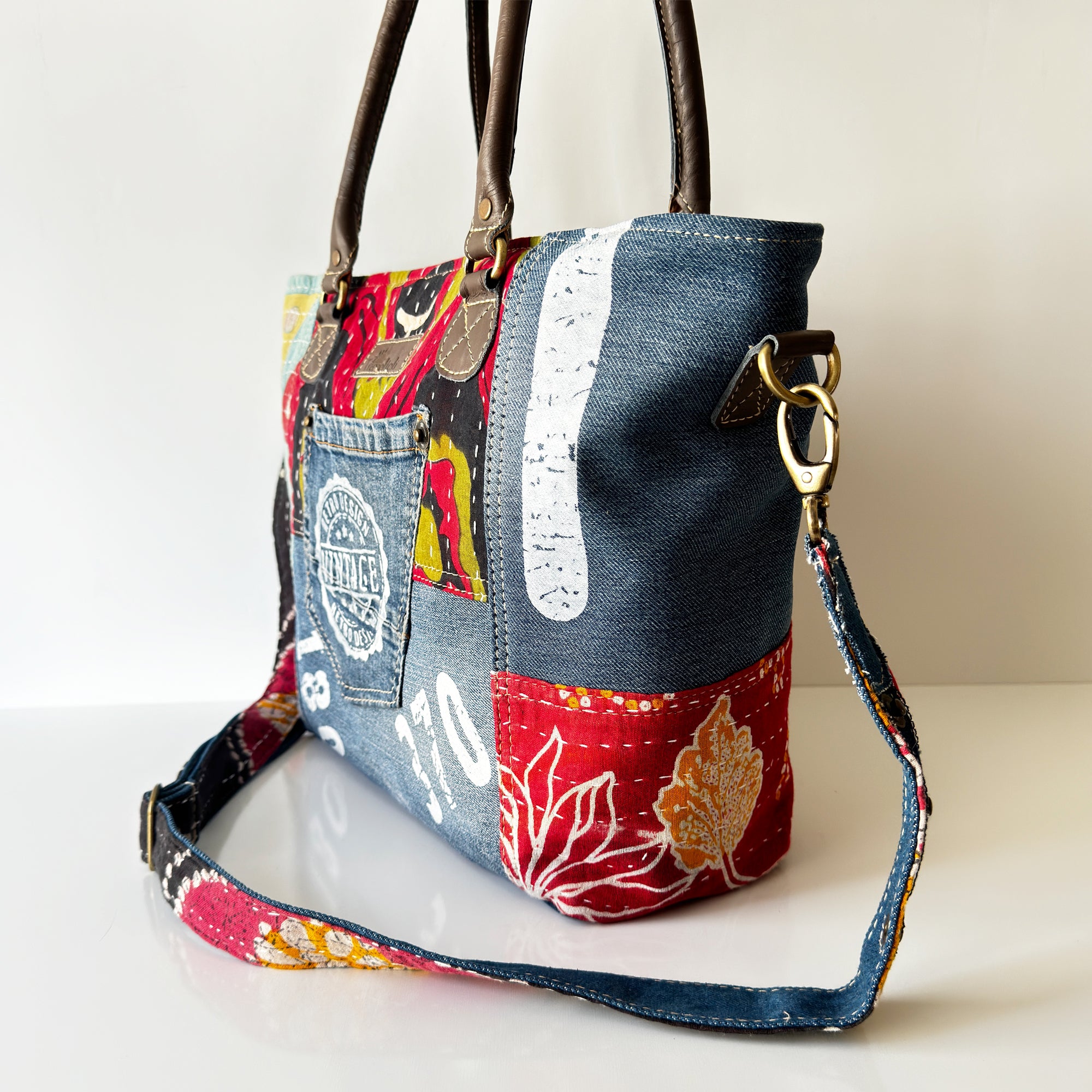 Retro Patchwork Denim Tote Bag