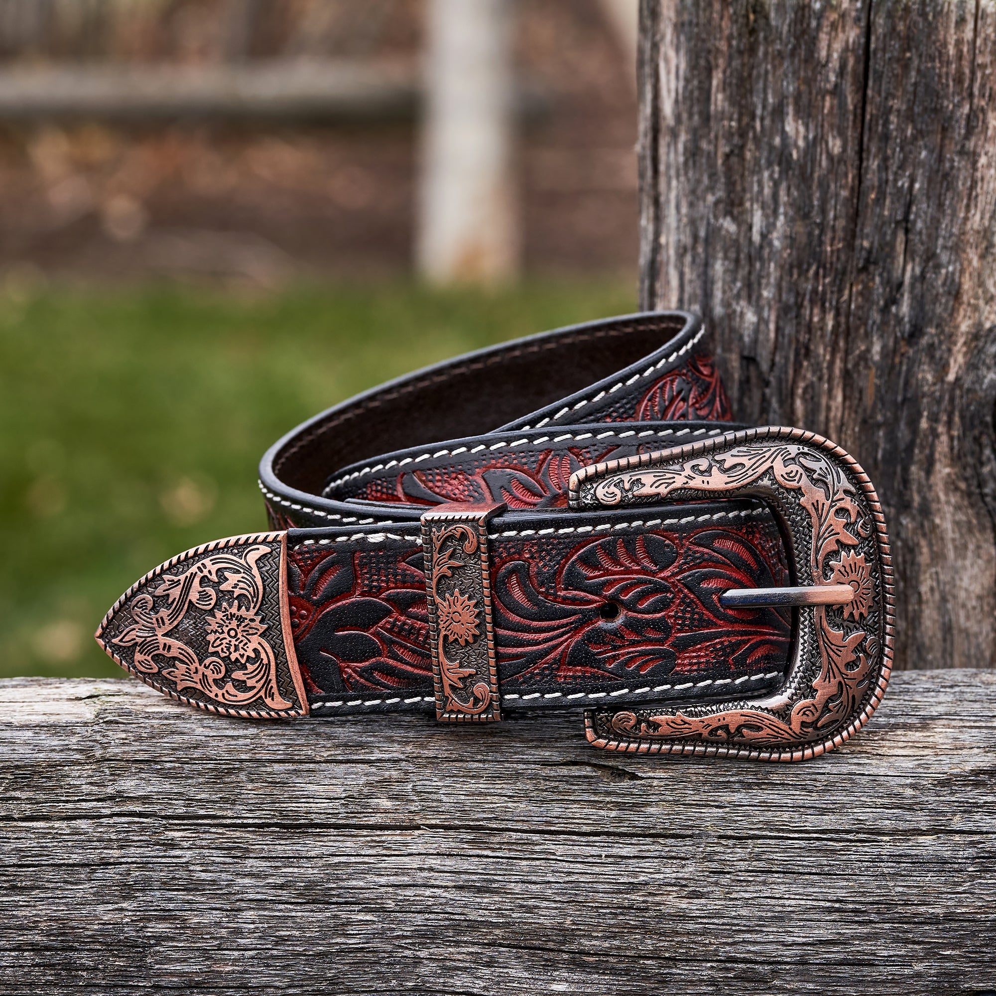 5237 Women\'s Western Floral Embossed Leather Belt, Black Shyanne Women main image 4