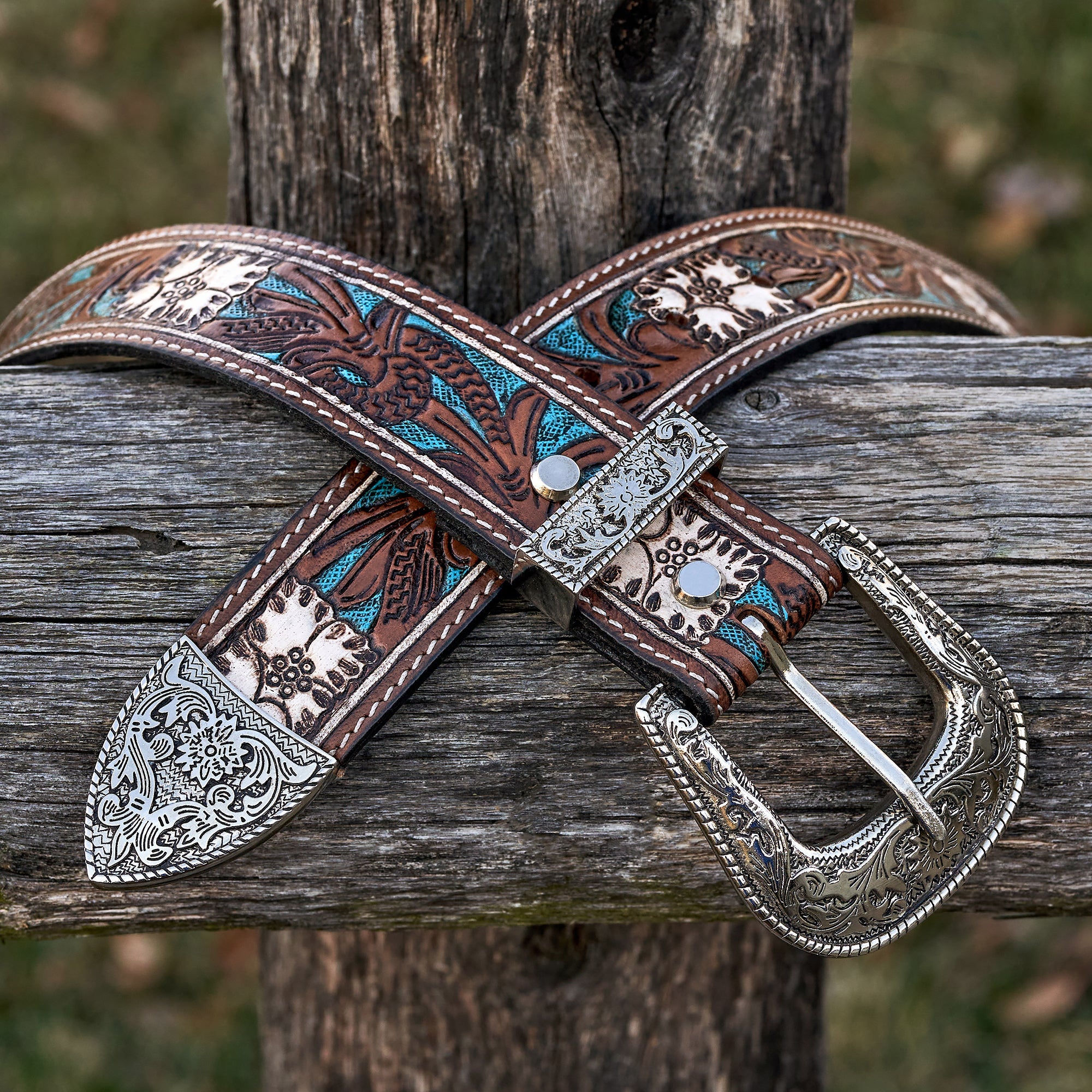 Western Leather Belt Vintage Tooled Embossed Strap Antique Silver Buckle 1 1/2 main image 2