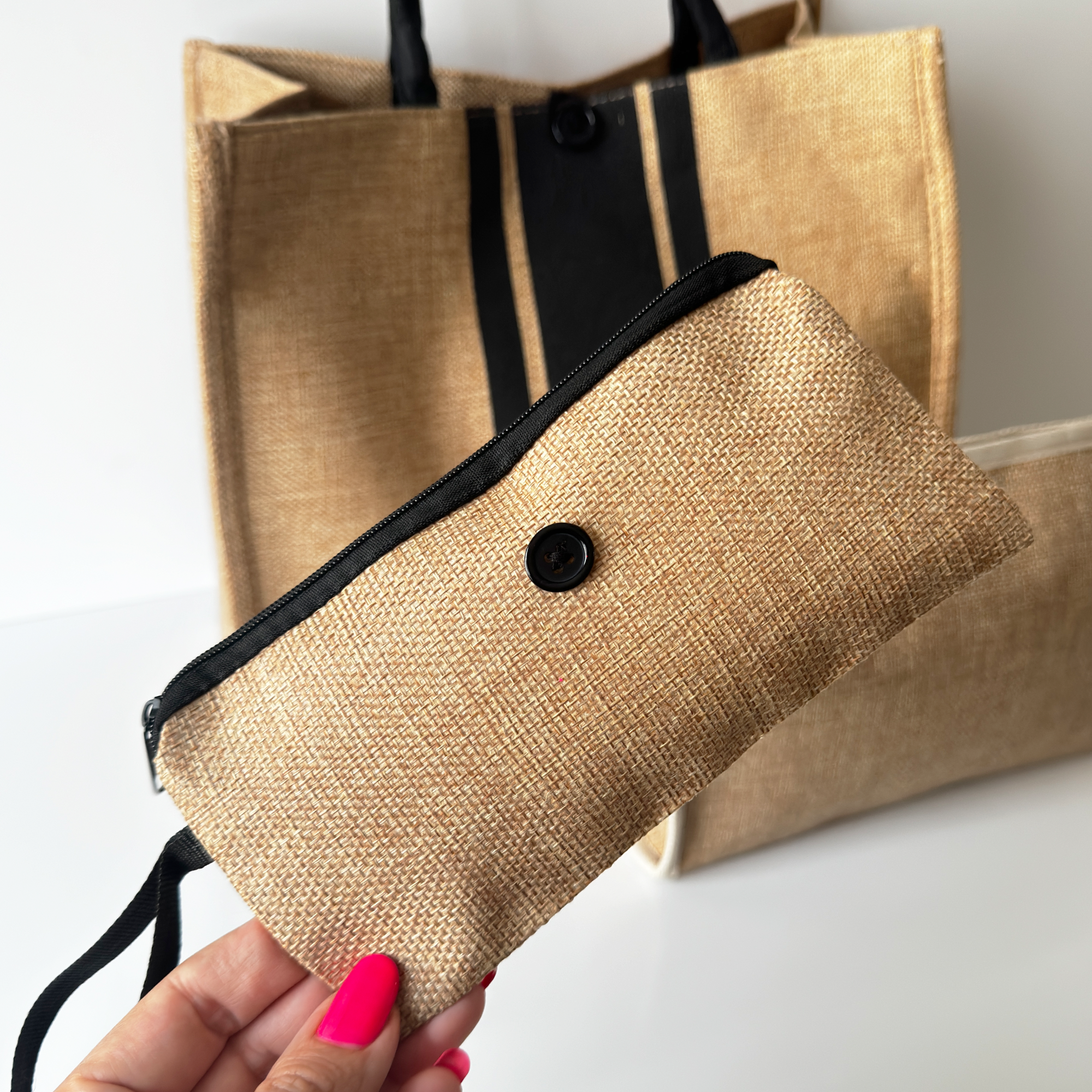 Burlap Tote and Pouch Set