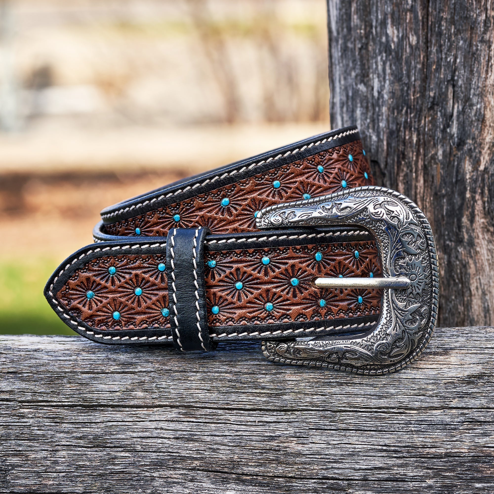 Turquoise Polka Dot Hand Tooled Leather Belt 