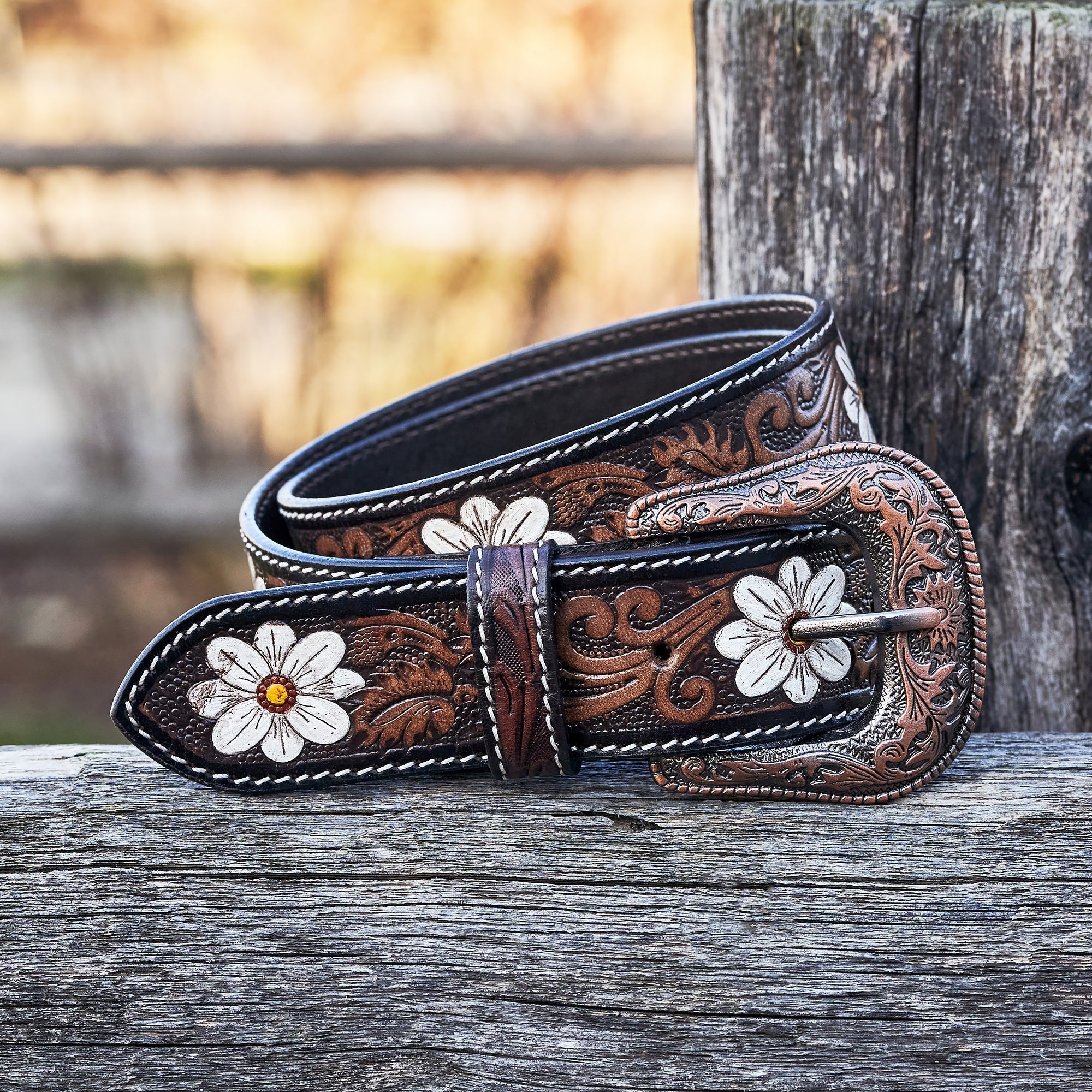 Prairie Blossom Embossed Leather Belt