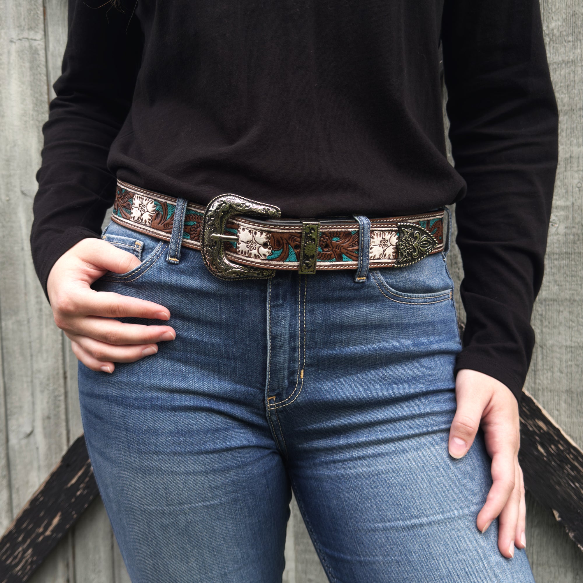 Western Elegance Leather Belt with Silver Buckle