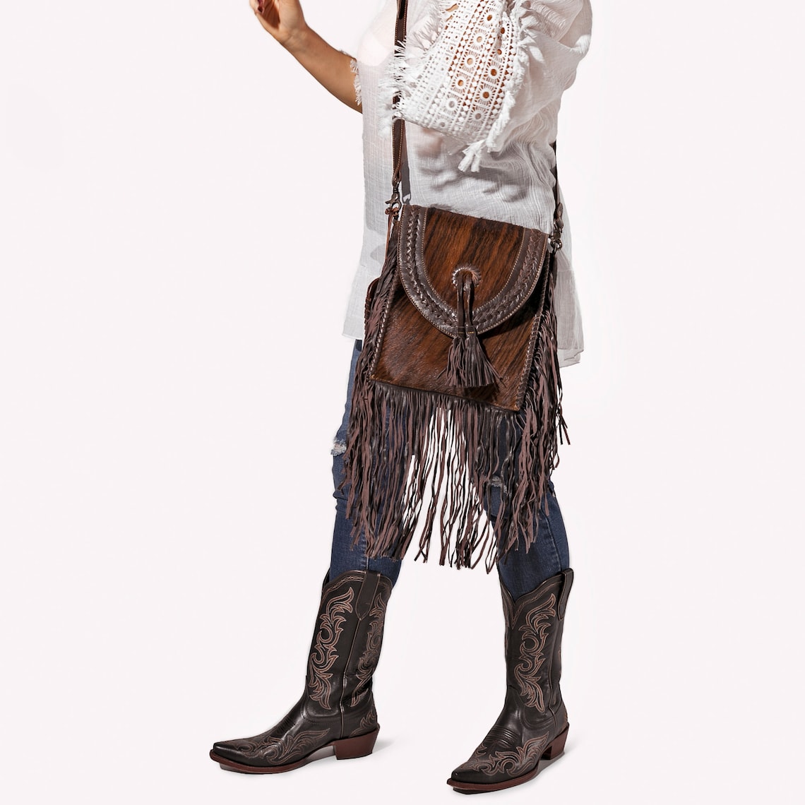 Fringed Cowhide Leather Crossbody Bag