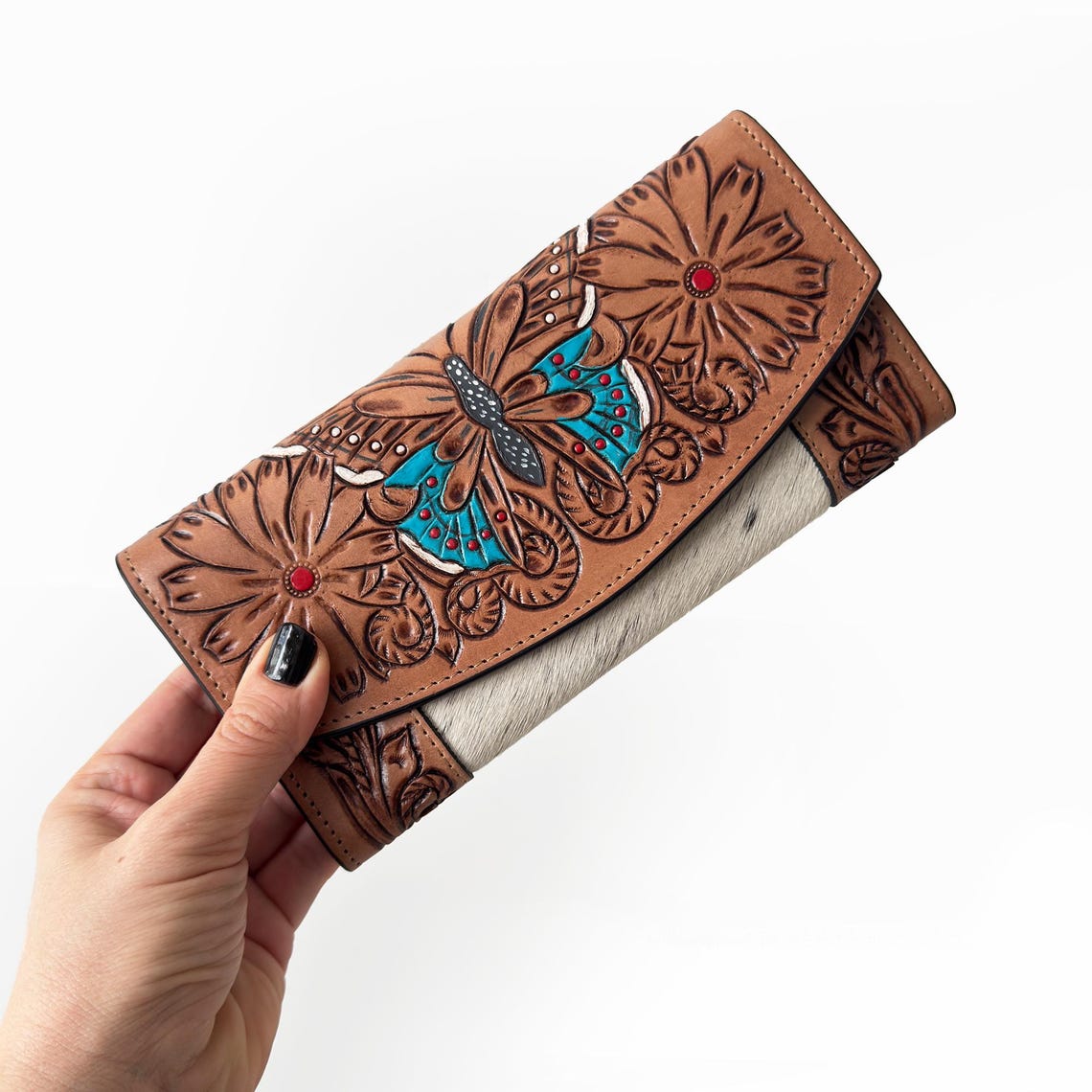 Unique Cowhide Tote Bag and Wallet with Butterfly Design Handmade Leather Set