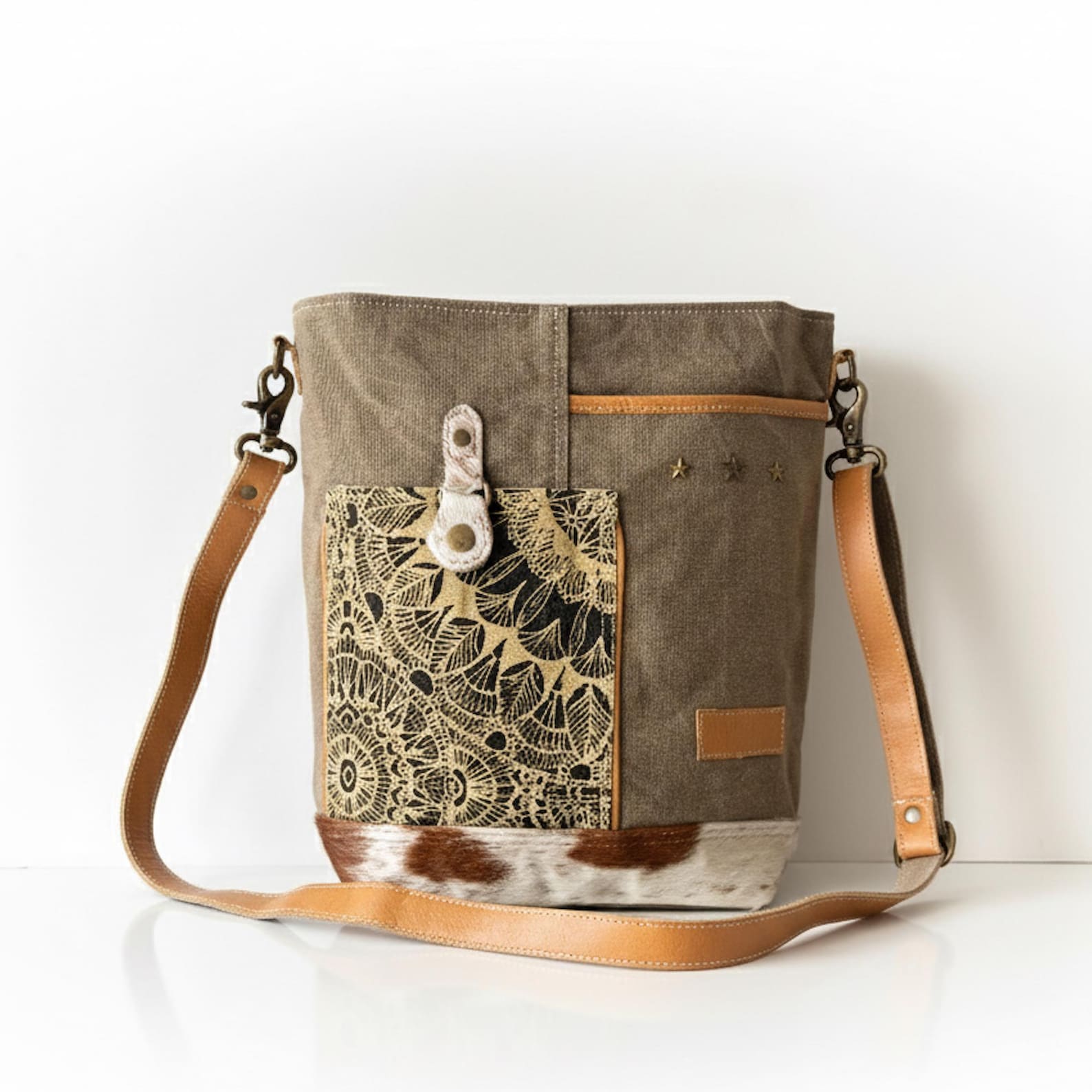 3 Star Boho Canvas Crossbody Bag with Leather Strap
