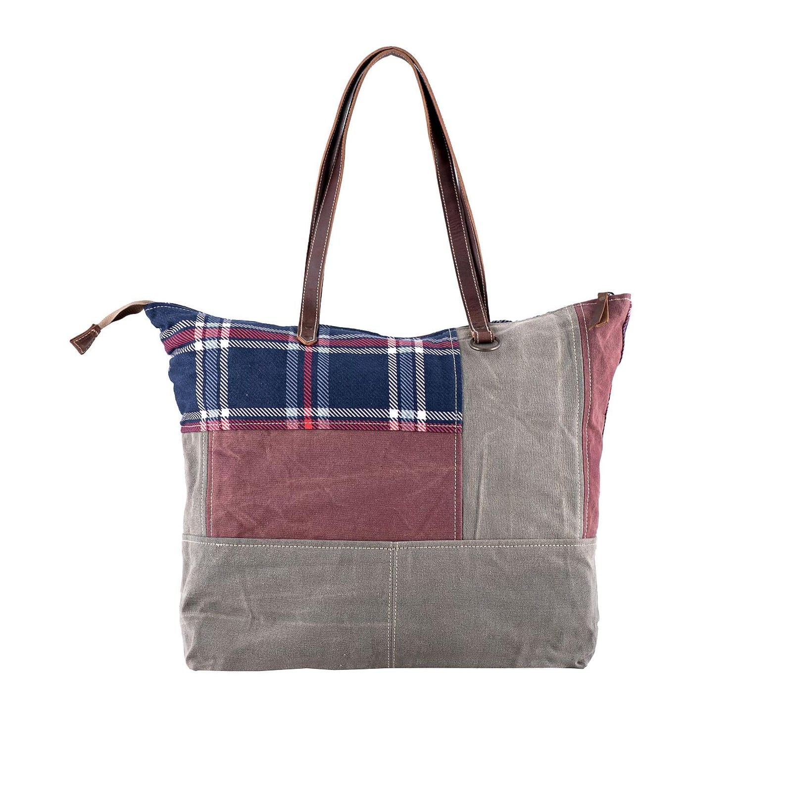 Plaid Canvas Tote Bag with Leather Trim