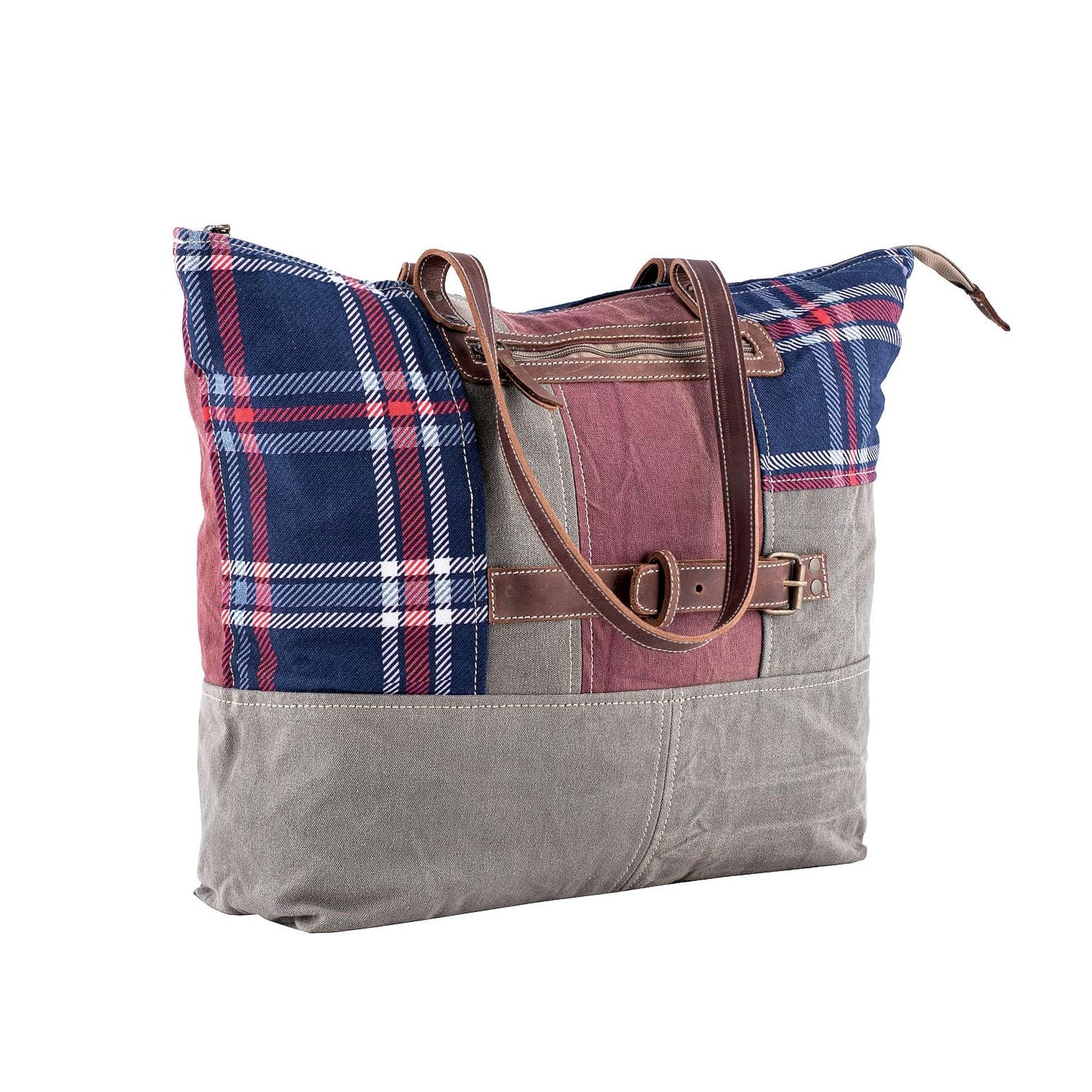 Plaid Canvas Tote Bag with Leather Trim