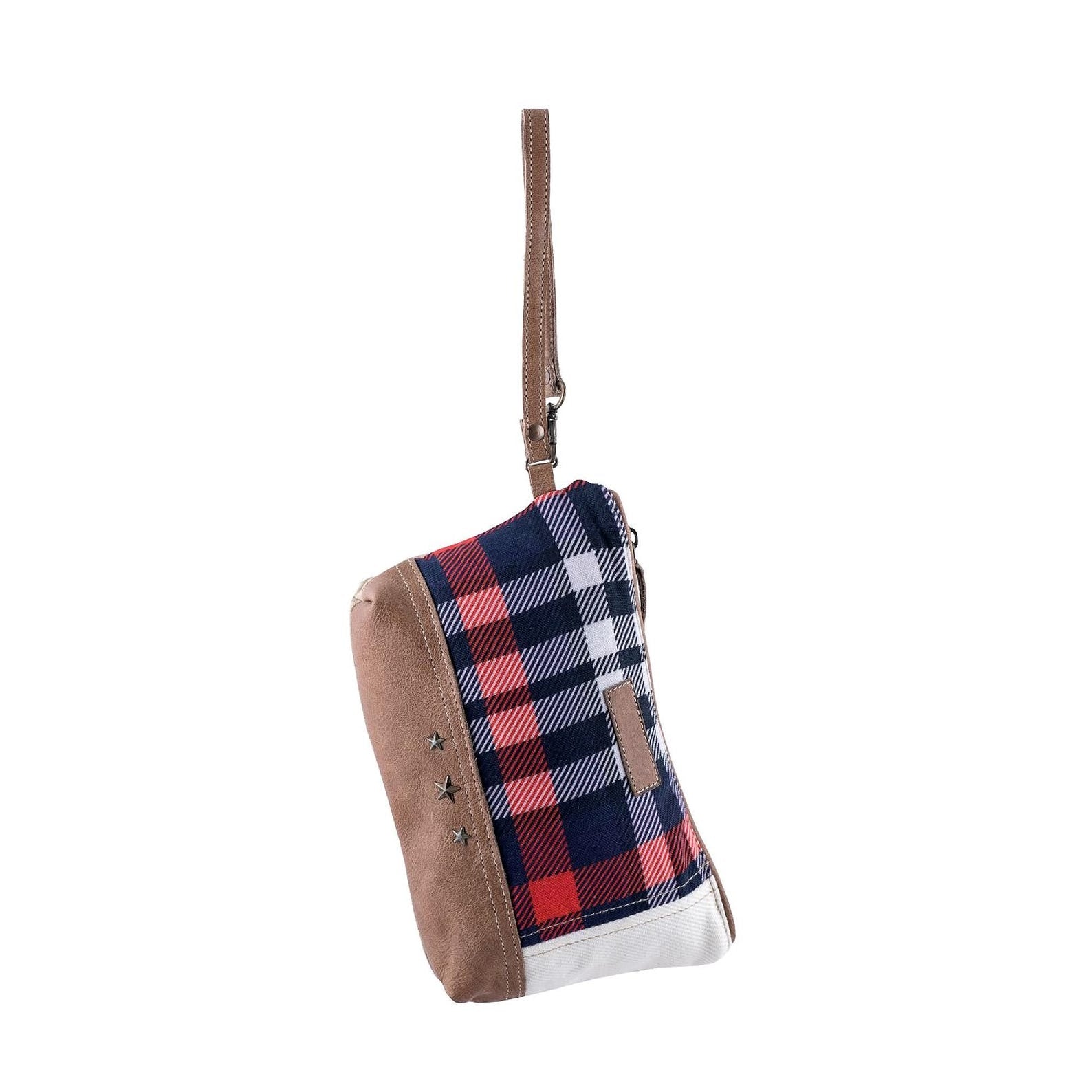 Plaid Canvas and Leather Clutch Bag With Wristlet