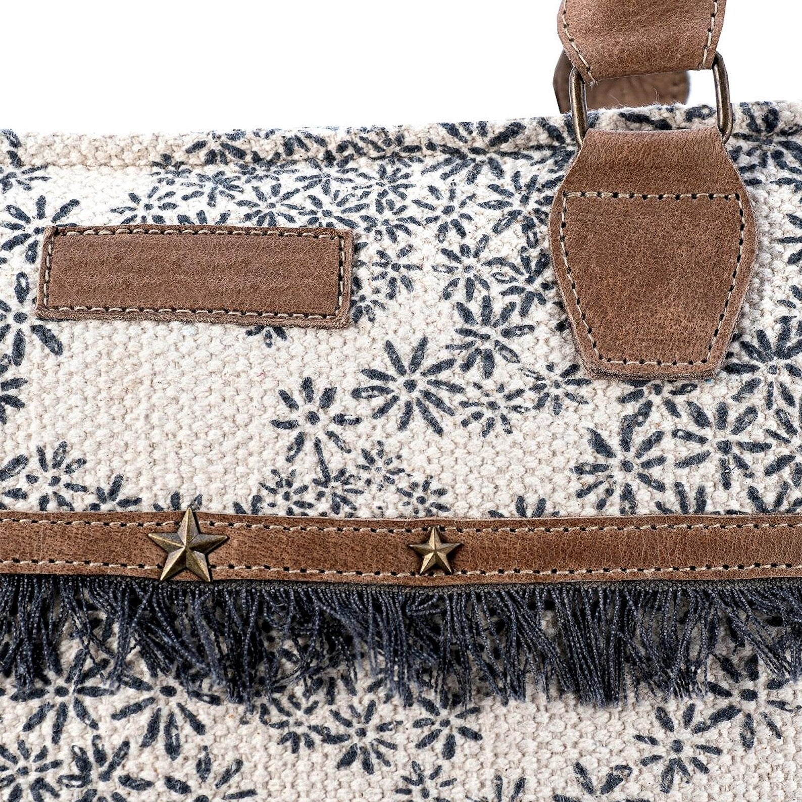 Boho Canvas Tote Bag with Leather and Cowhide Accents