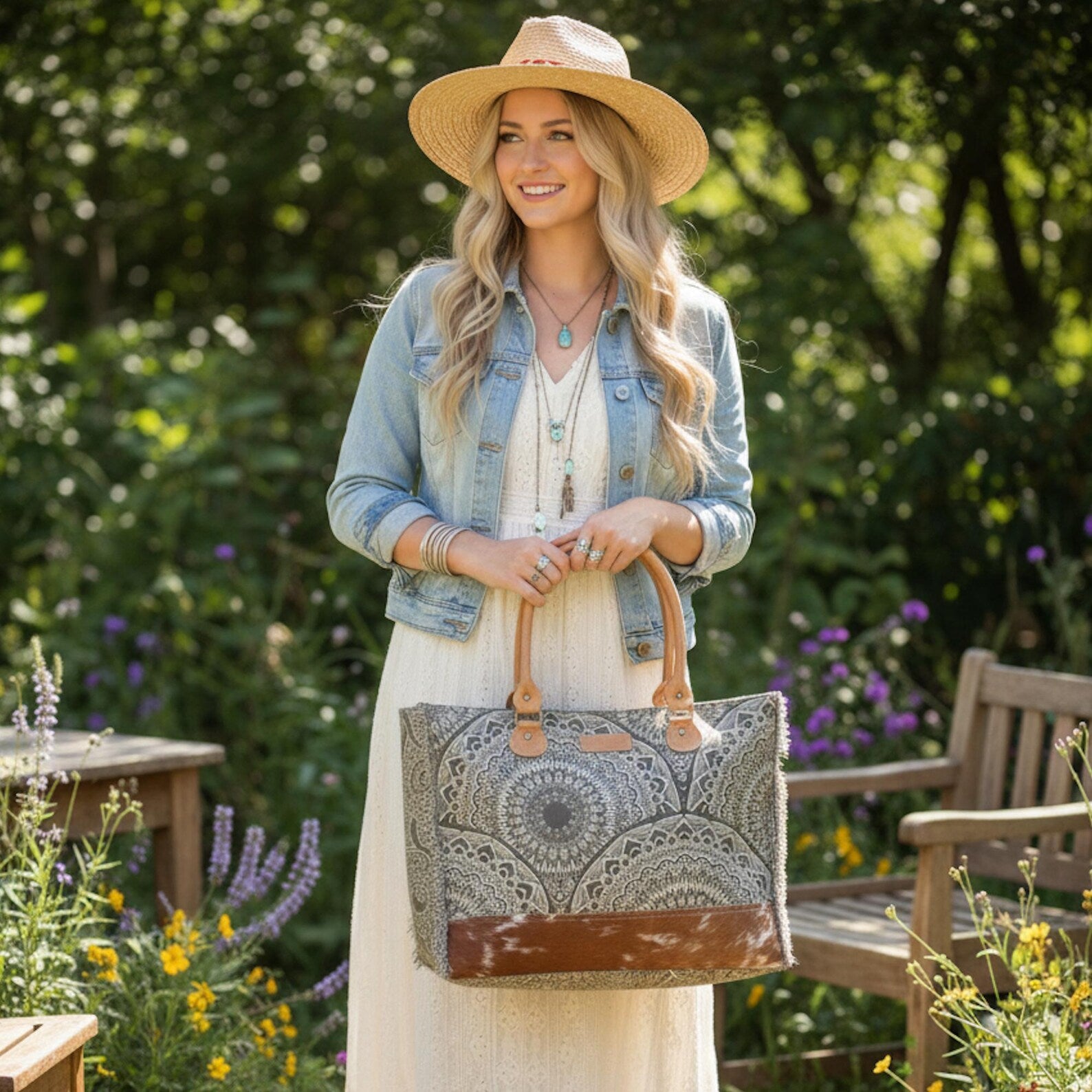 Boho Canvas Tote Bag: Mandala Design