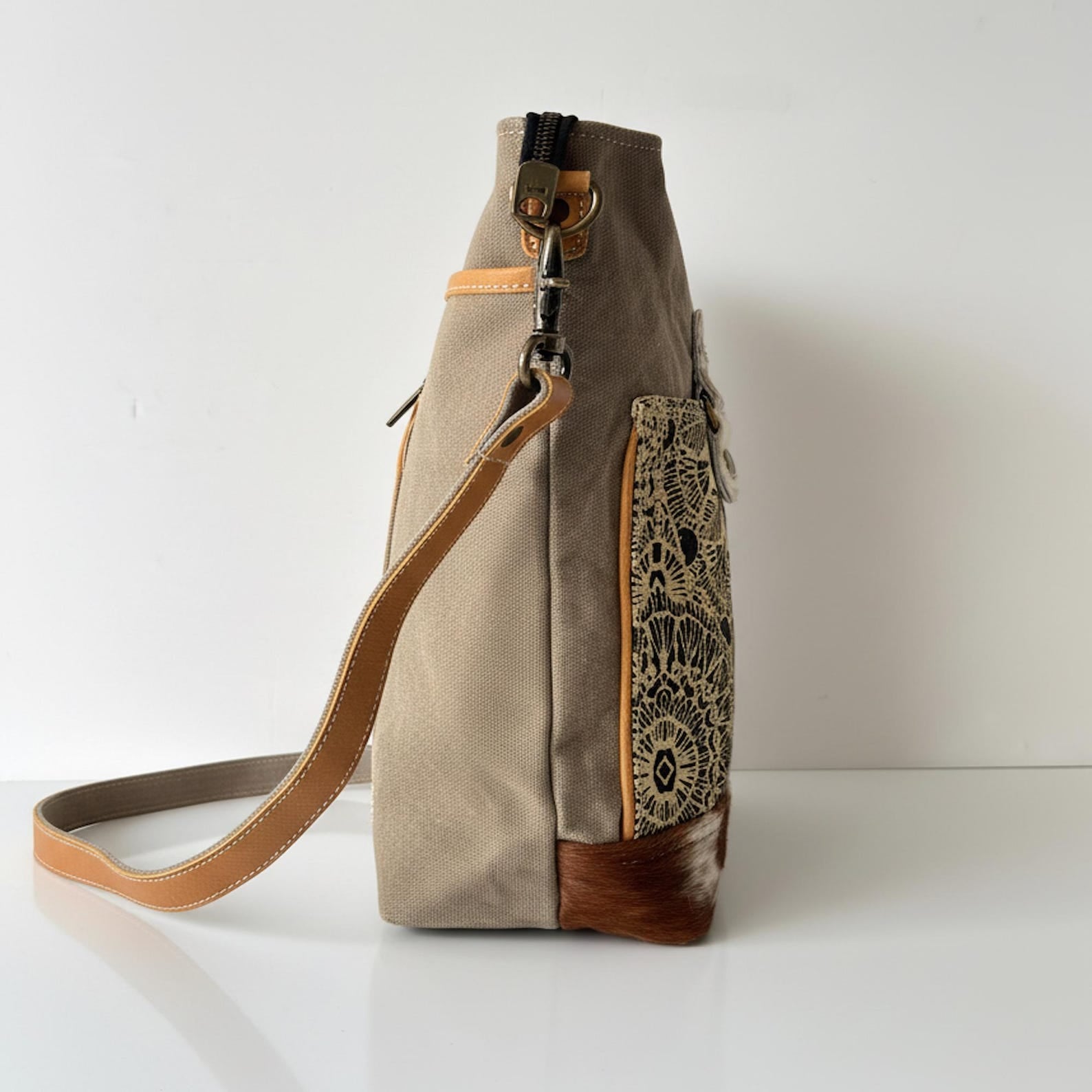 3 Star Boho Canvas Crossbody Bag with Leather Strap