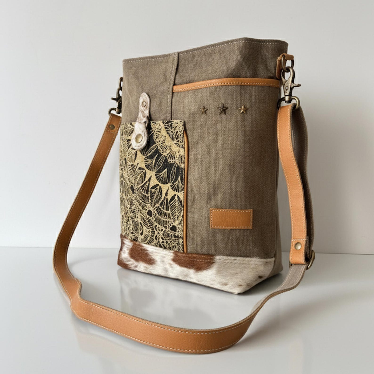 3 Star Boho Canvas Crossbody Bag with Leather Strap