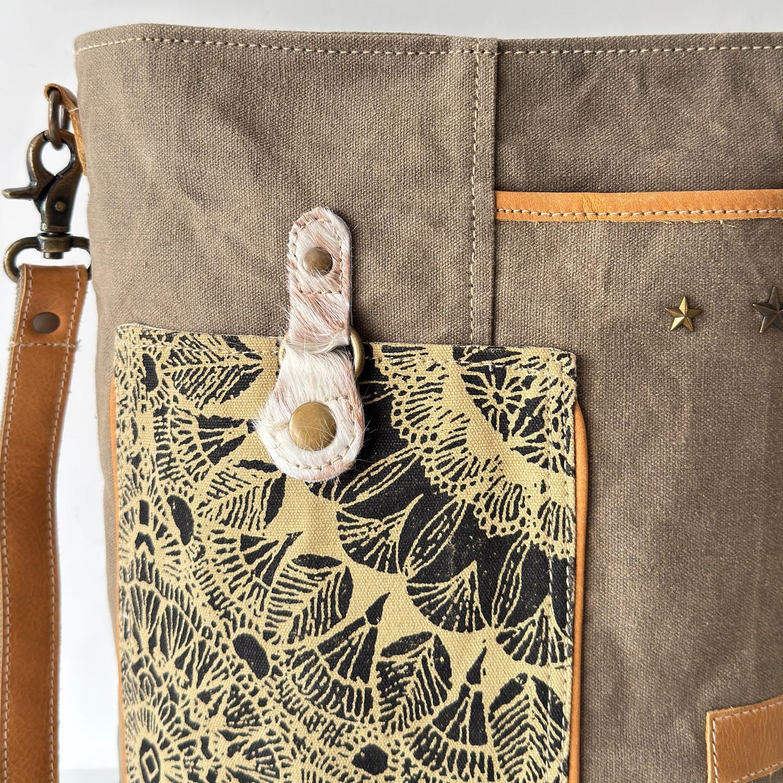 3 Star Boho Canvas Crossbody Bag with Leather Strap