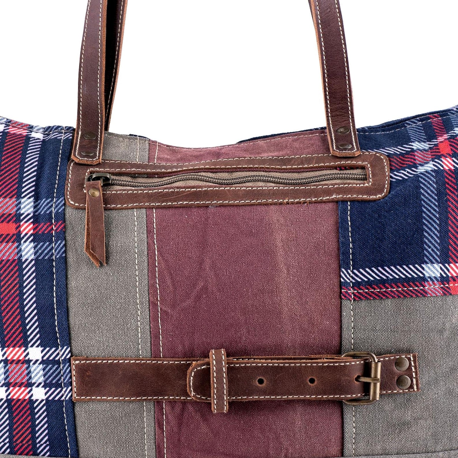 Plaid Canvas Tote Bag with Leather Trim