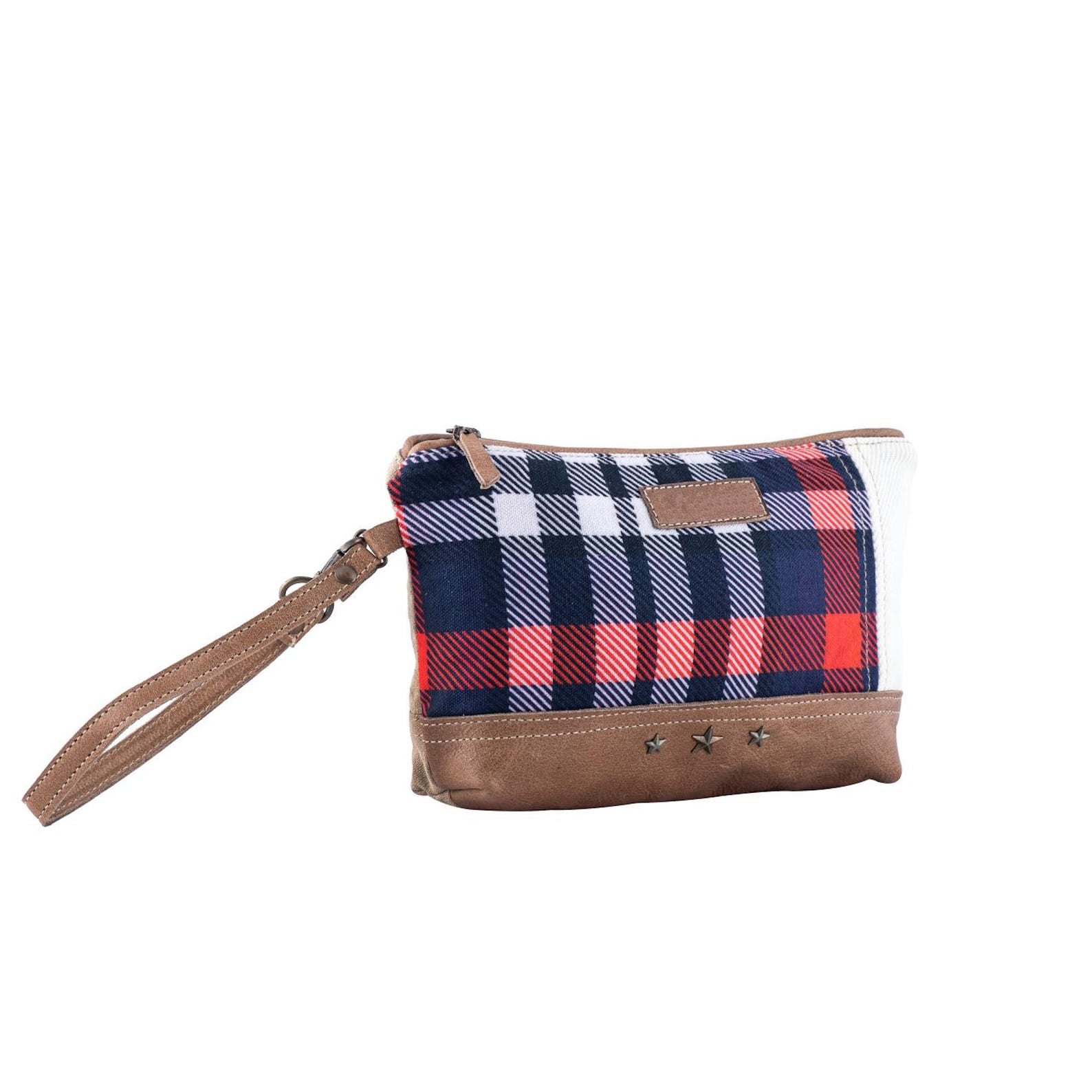 Plaid Canvas and Leather Clutch Bag With Wristlet