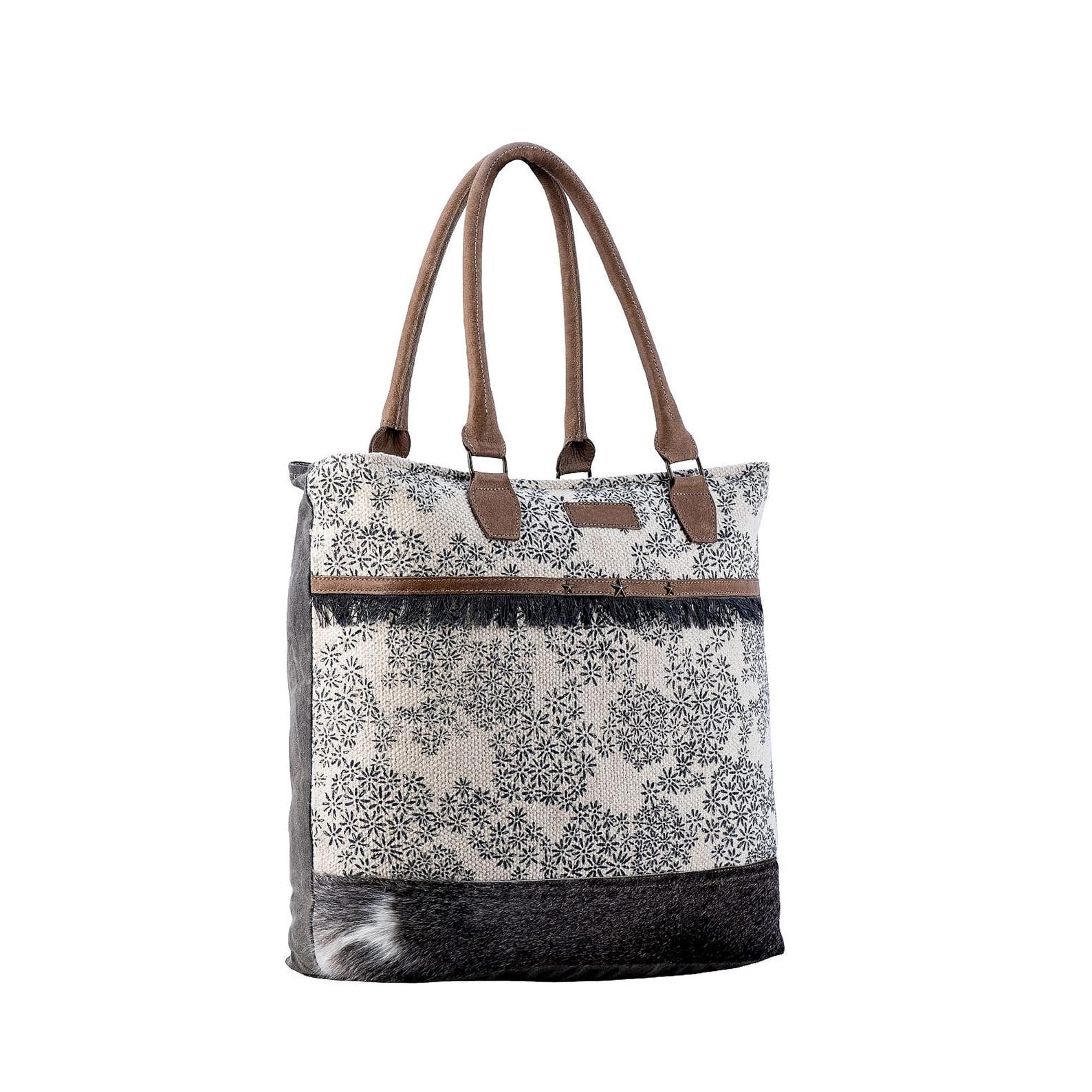 Boho Canvas Tote Bag with Leather and Cowhide Accents