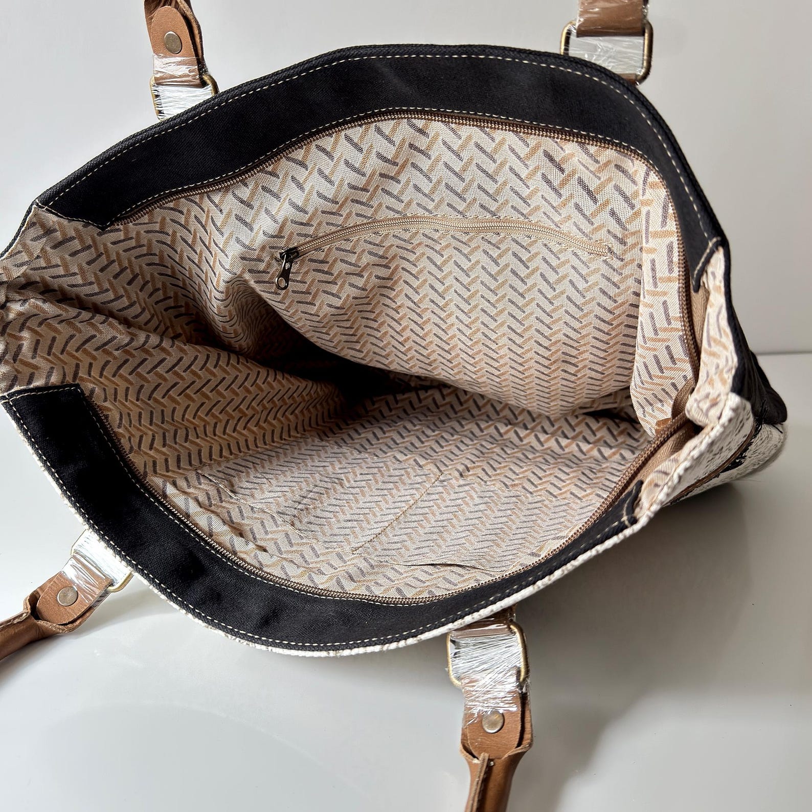 Boho Canvas Tote Bag with Leather and Cowhide Accents