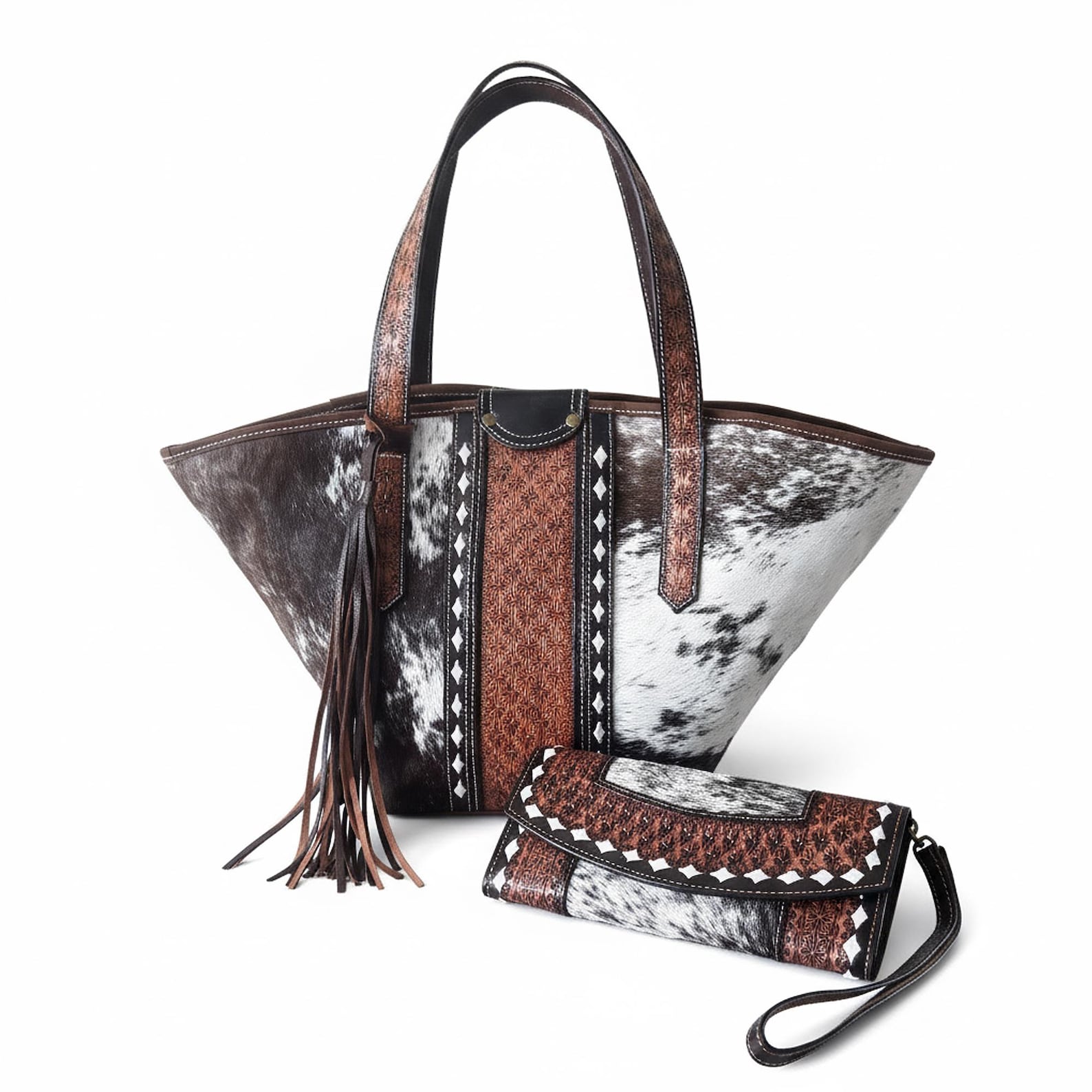 Tooled Leather Tote Bag with Matching Wallet - Western Style Set