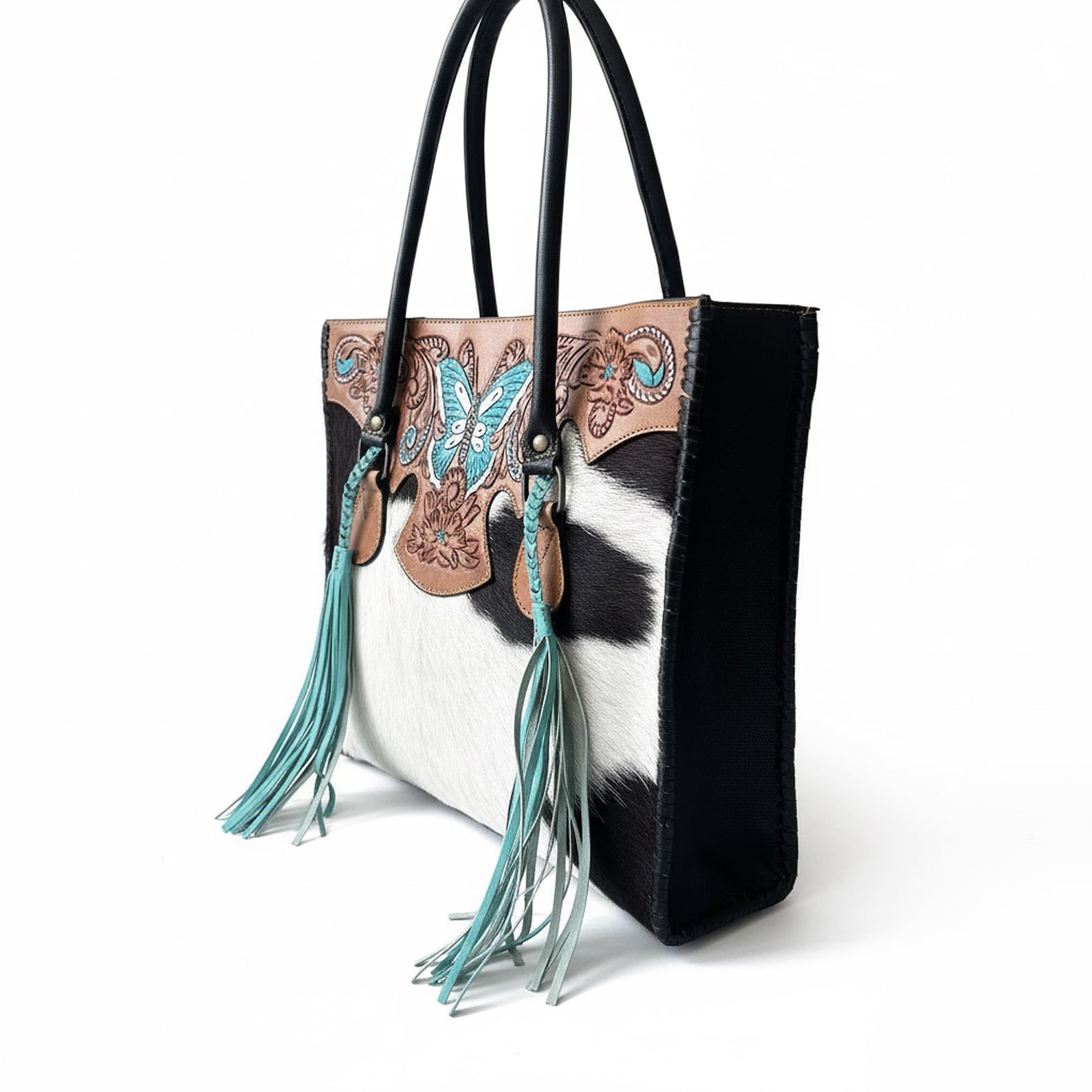 Unique Cowhide Tote Bag and Wallet with Butterfly Design Handmade Leather Set