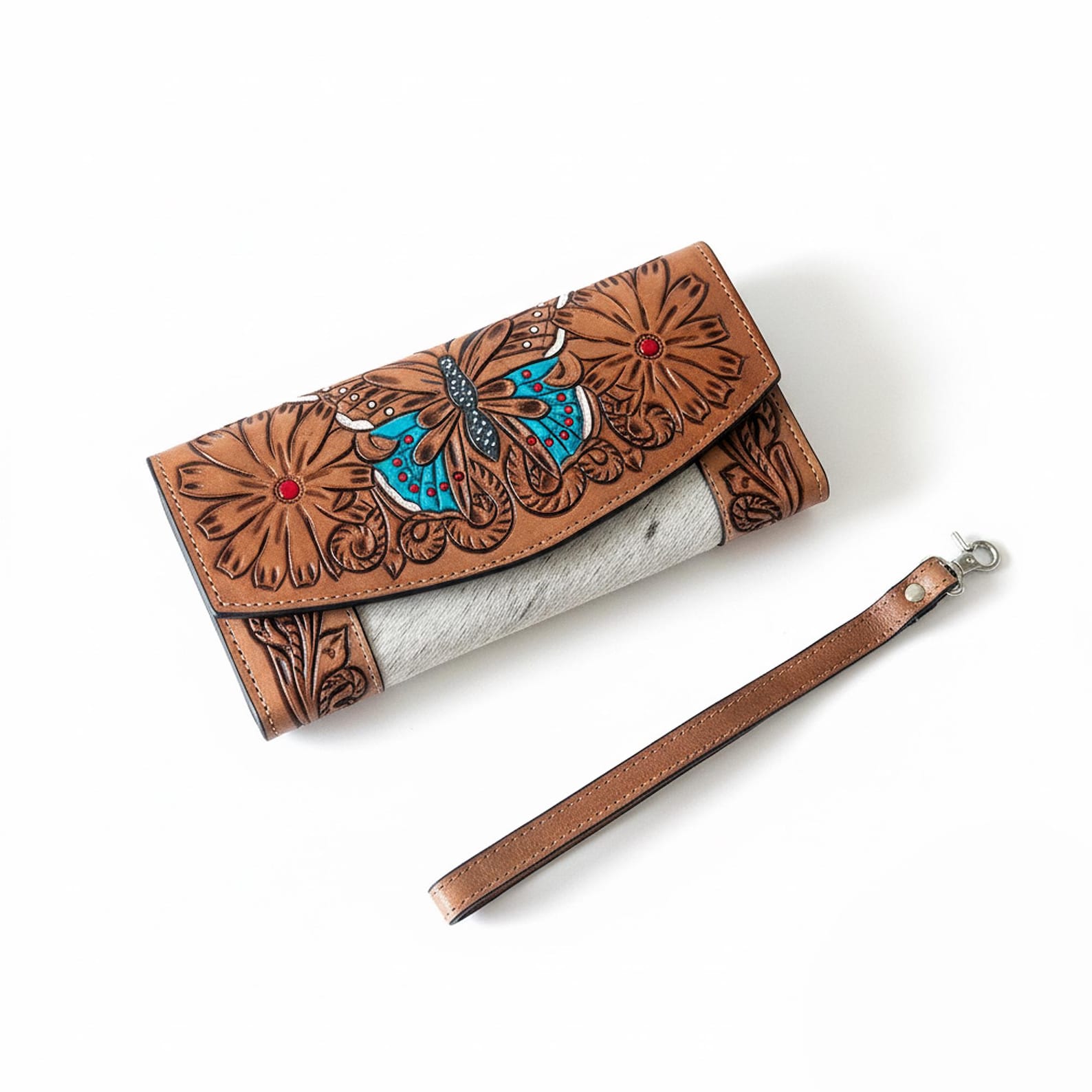 Unique Cowhide Tote Bag and Wallet with Butterfly Design Handmade Leather Set