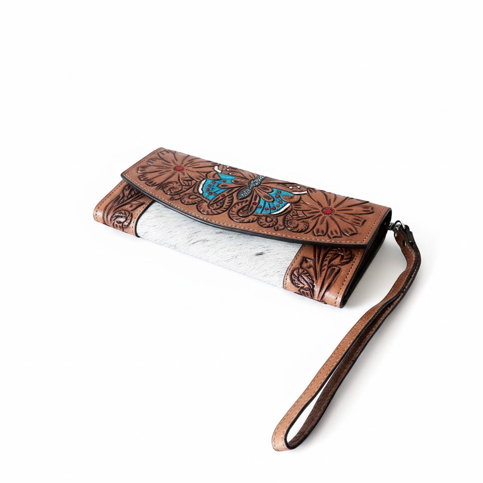Unique Cowhide Tote Bag and Wallet with Butterfly Design Handmade Leather Set