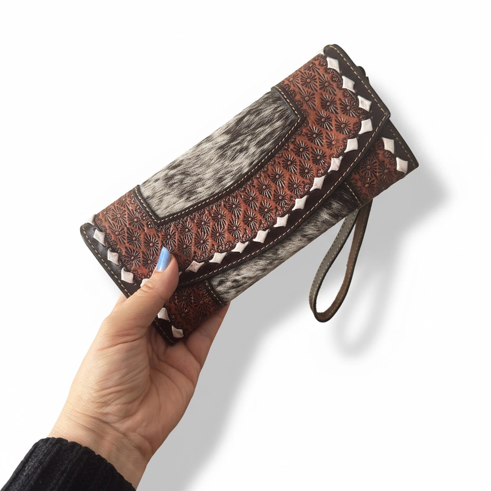 Tooled Leather Tote Bag with Matching Wallet - Western Style Set