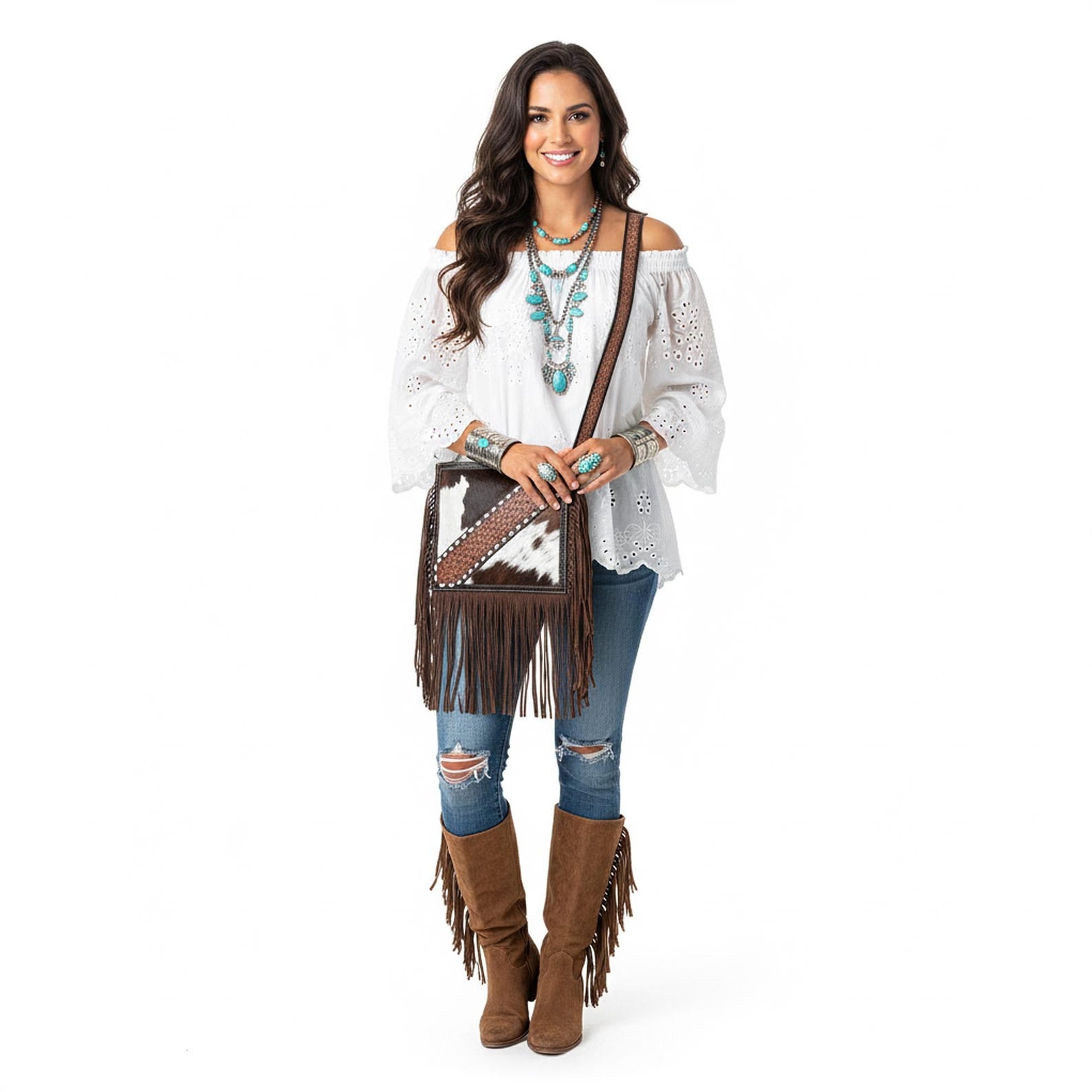 Cowhide and Leather Crossbody Bag with Matching Wallet