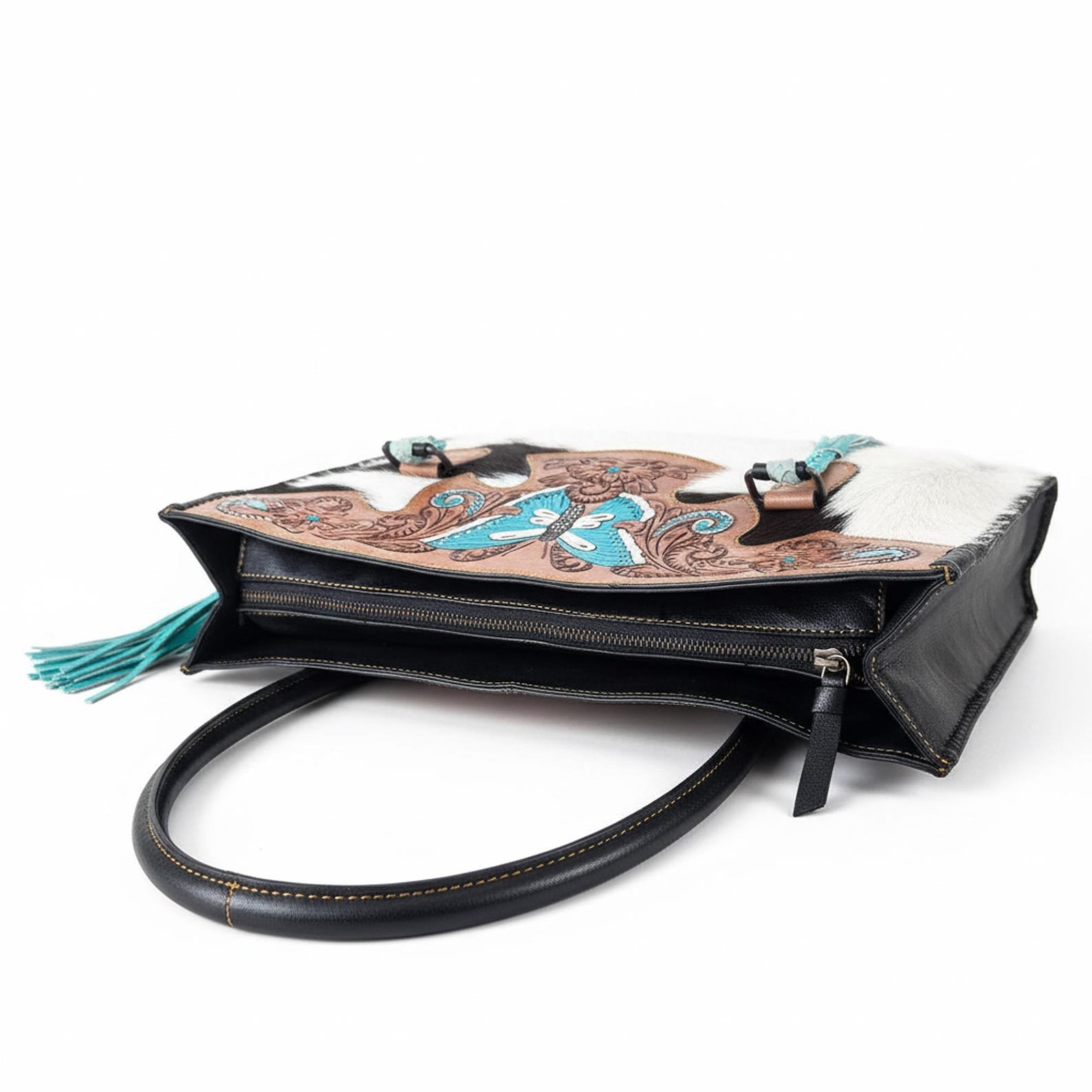 Unique Cowhide Tote Bag and Wallet with Butterfly Design Handmade Leather Set