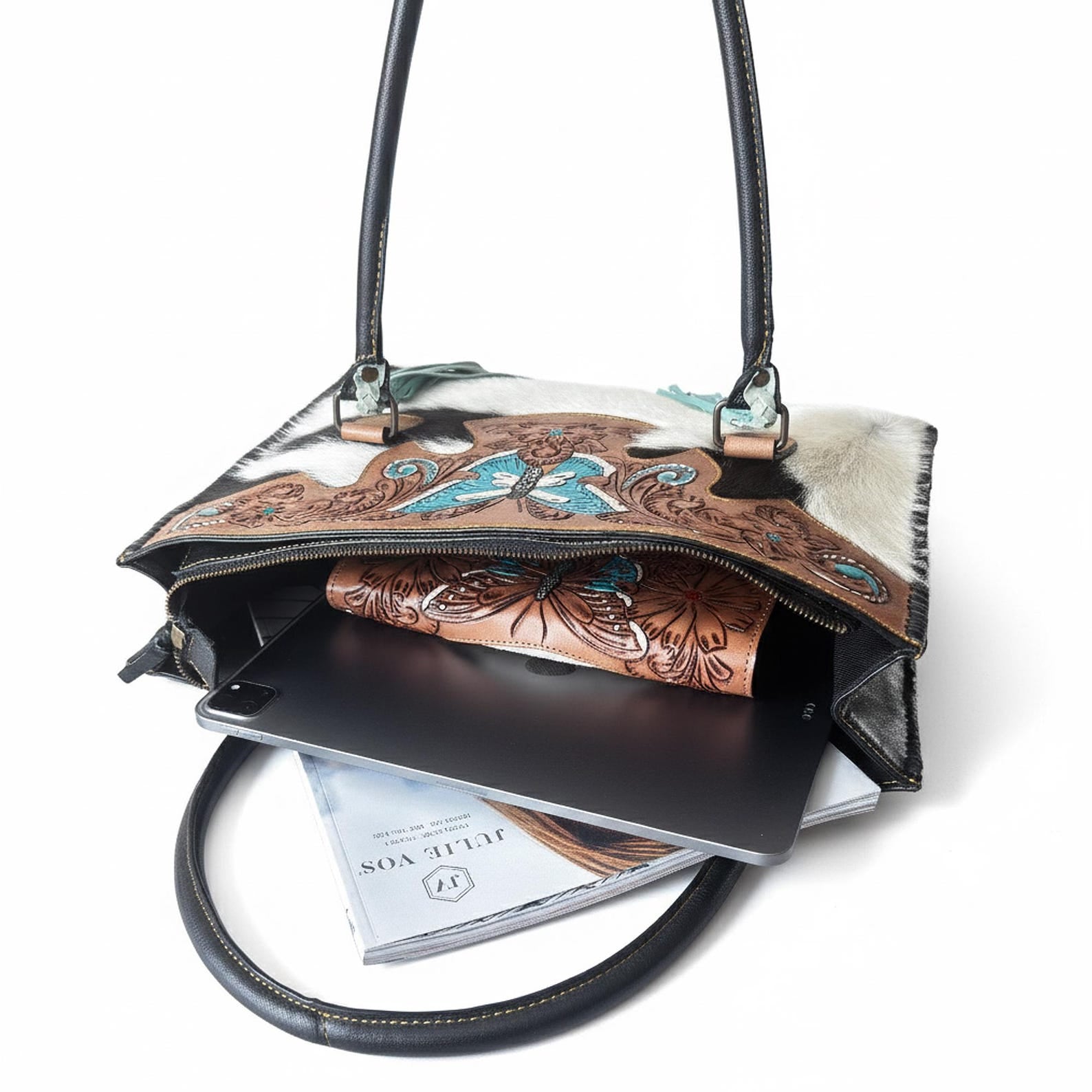 Unique Cowhide Tote Bag and Wallet with Butterfly Design Handmade Leather Set