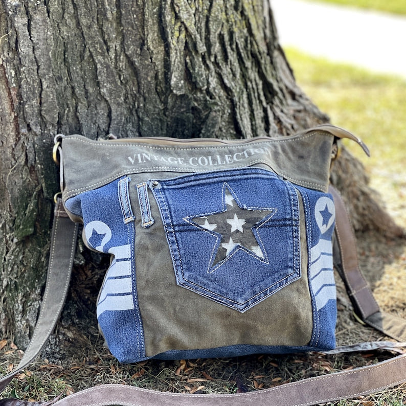 Vintage Inspired Star Upcycled Denim Crossbody Bag | TRAVELTELI